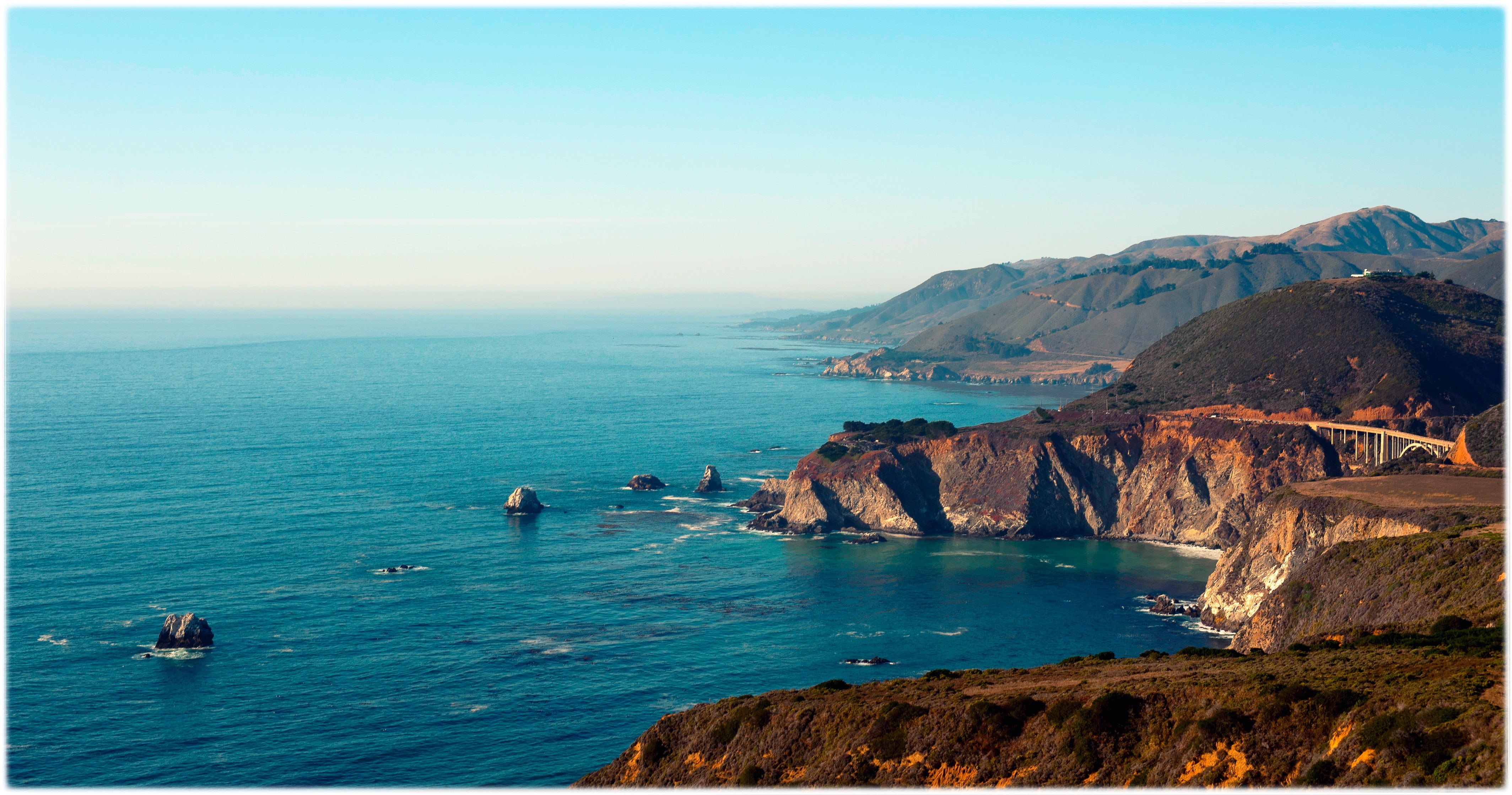 rock - Object, wave, Bay, no People, big, the Bixby bridge, tranquility, land, cliffs, 4K, travel Destinations, CA, sea, famous Place, nature, Big Sur, HD Wallpaper