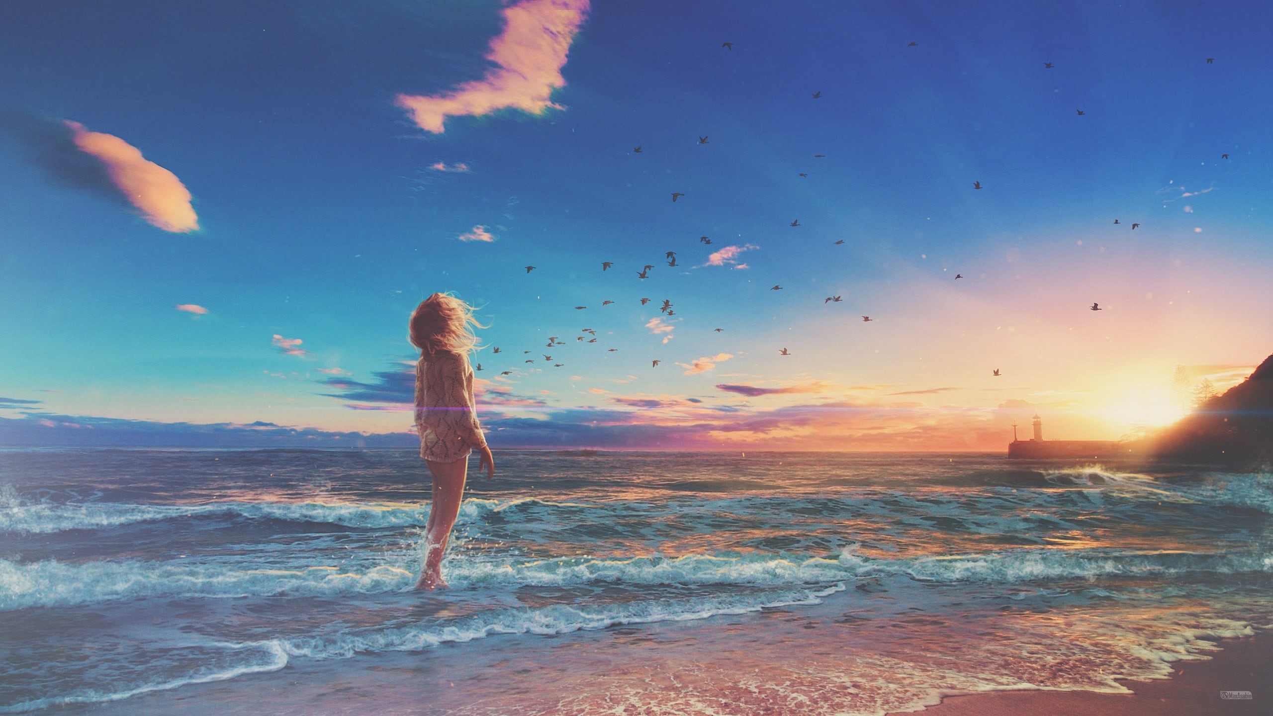 vacations, coastline, horizon over water, freedom, travel Destinations, body, waves, photo manipulation, idyllic, horizon, travel, island, summer, dusk, HD Wallpaper
