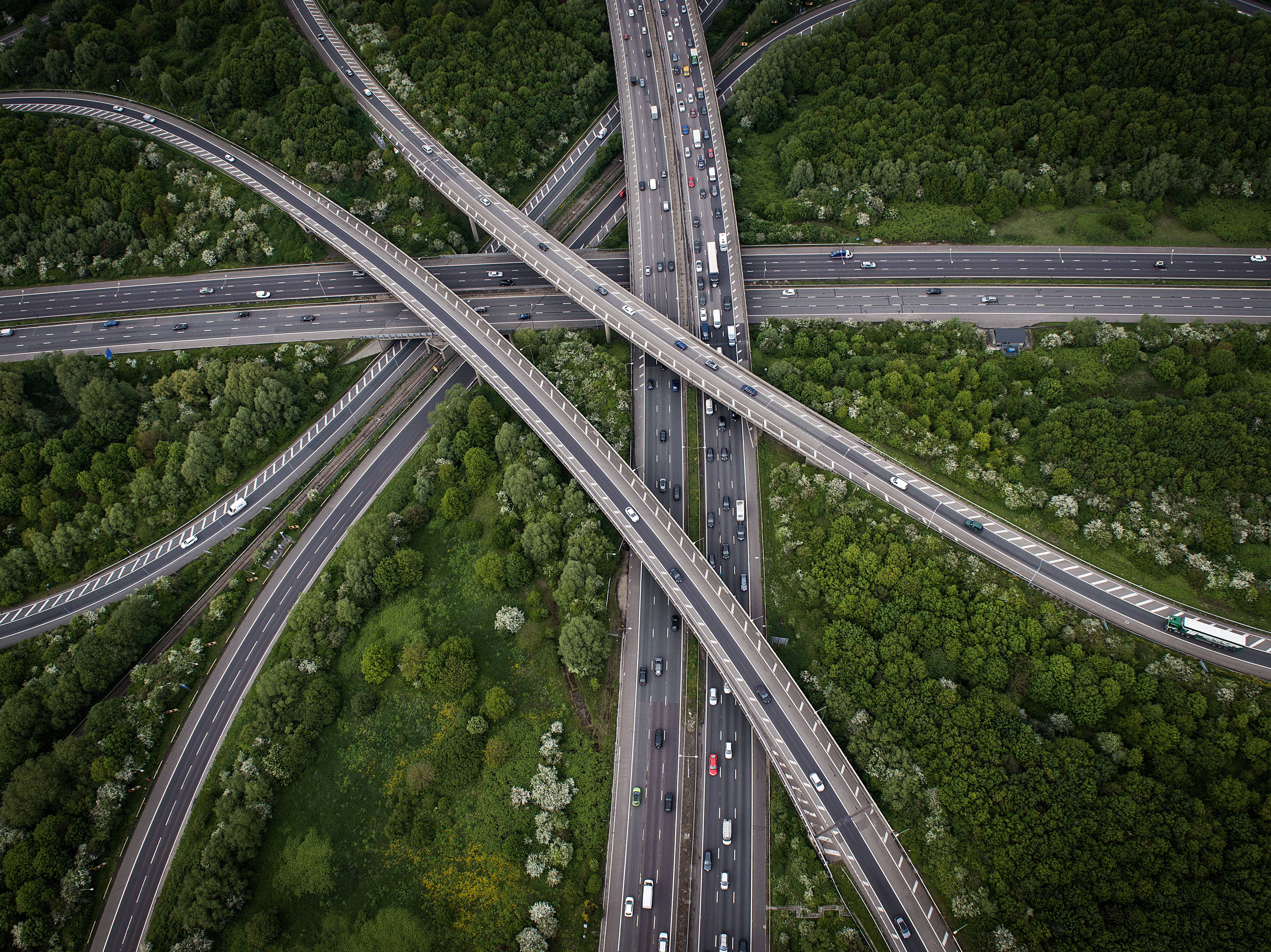 trees, viaduct, highway, overpass, top view, 5K, crossroads, traffic, birds eye view, drone photo, HD Wallpaper