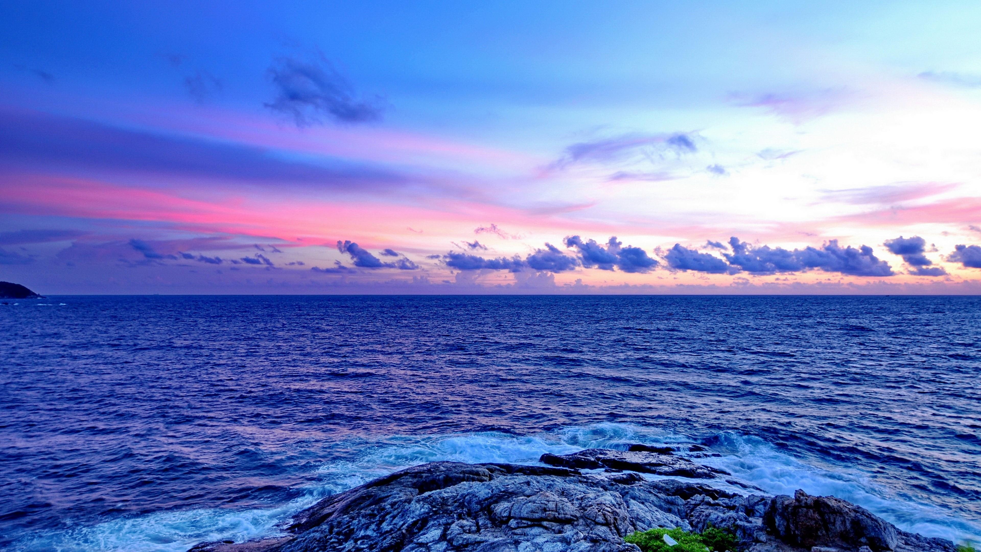 horizon, wave, wind wave, water, phuket, calm, sunset, 4K, cloud, shore, coast, headland, thailand, ocean, sea, sky, rocky, HD Wallpaper