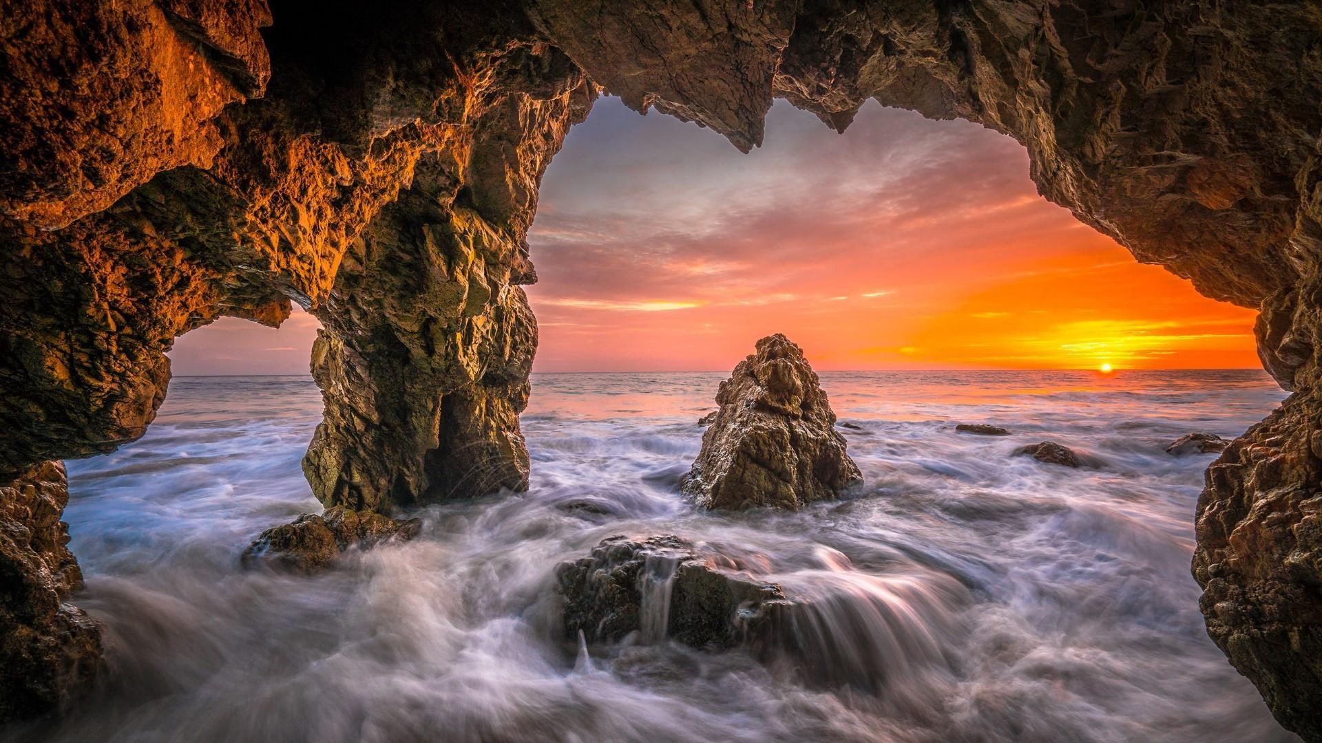 el matador state beach, cave, orange sky, body of water, usa, rock formation, nature, malibu, rock, ocean, california, sea cave, sea, cliff, 1080P, wave, HD Wallpaper