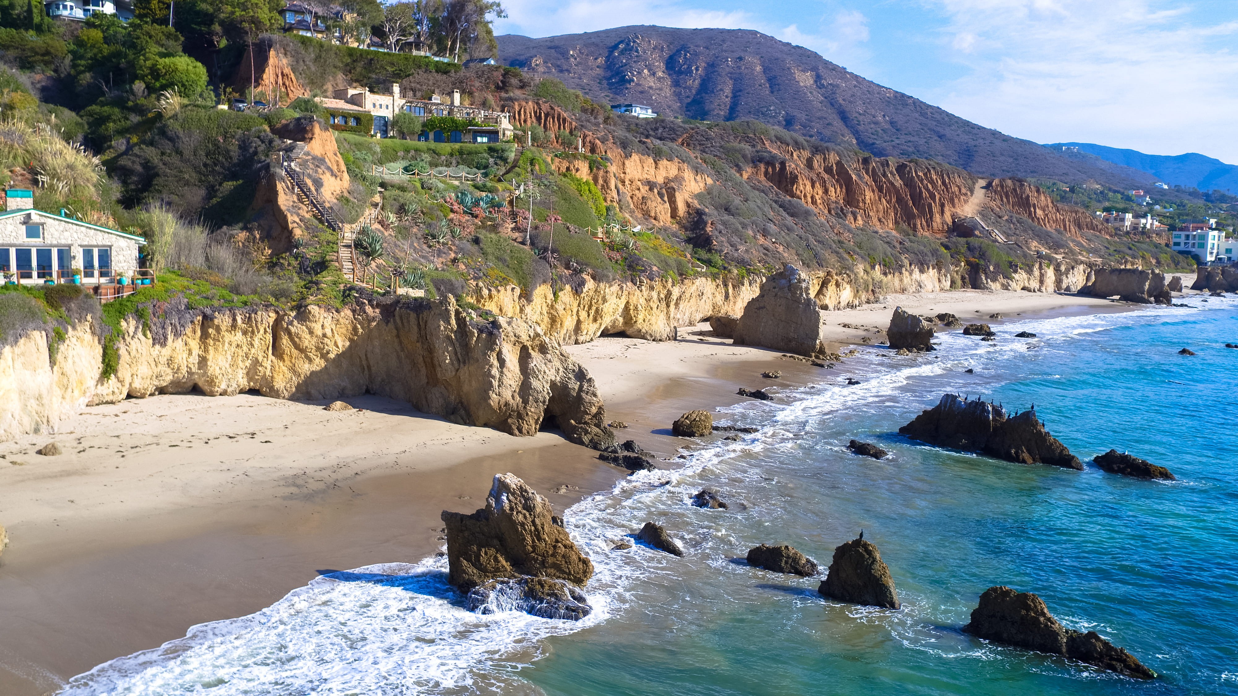 rock formation, solid, land, 4K, ocean, rock - object, mountain range, day, el matador state beach, water, coastline, malibu, sea, sunlight, incidental people, HD Wallpaper