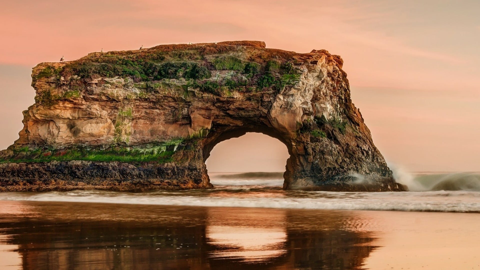 sea, power in nature, rock - object, arch, sunset, coast, rock, no people, eroded, sky, tranquility, reflection, wood, natural arch, nature, united states, HD Wallpaper