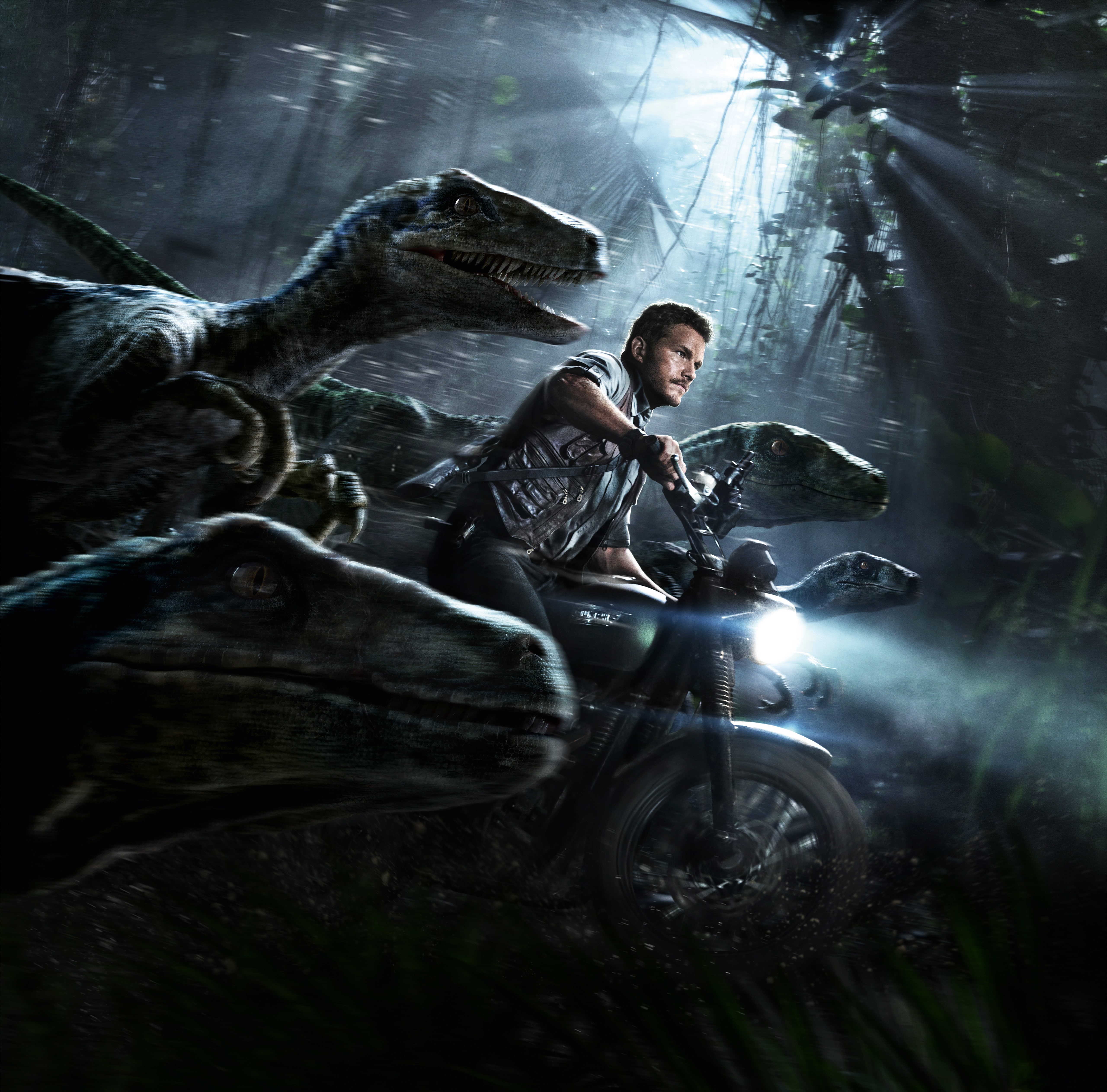 Velociraptors, motorcycle, jurassic, world, Jurassic World, Chris Pratt, raptors, 5K, man, HD Wallpaper