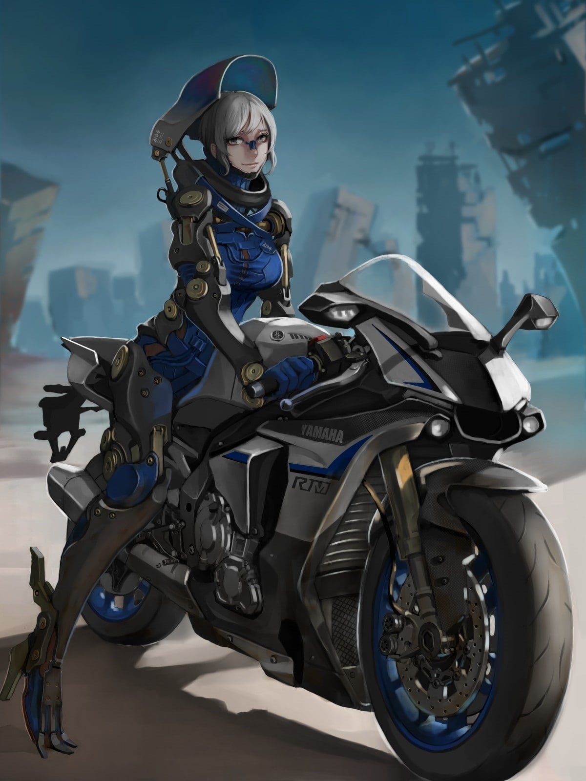 gray hair, motorcycle, yellow eyes, 720P, Yamaha, anime girls, anime, Yamaha YZF R1, short hair, armor, Phone HD Wallpaper