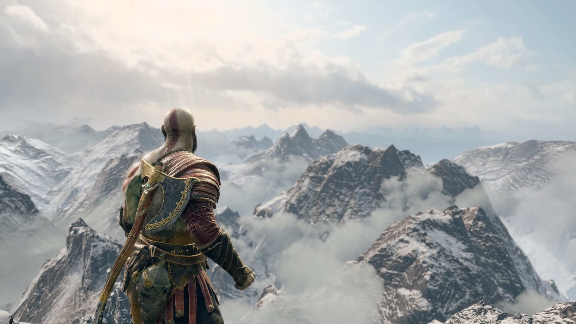 God of War (2018), outdoors, Atreus, rear view, tranquility, 1080P, beauty in nature, non-urban scene, one person, snow, sky, God of War, Kratos, idyllic, HD Wallpaper