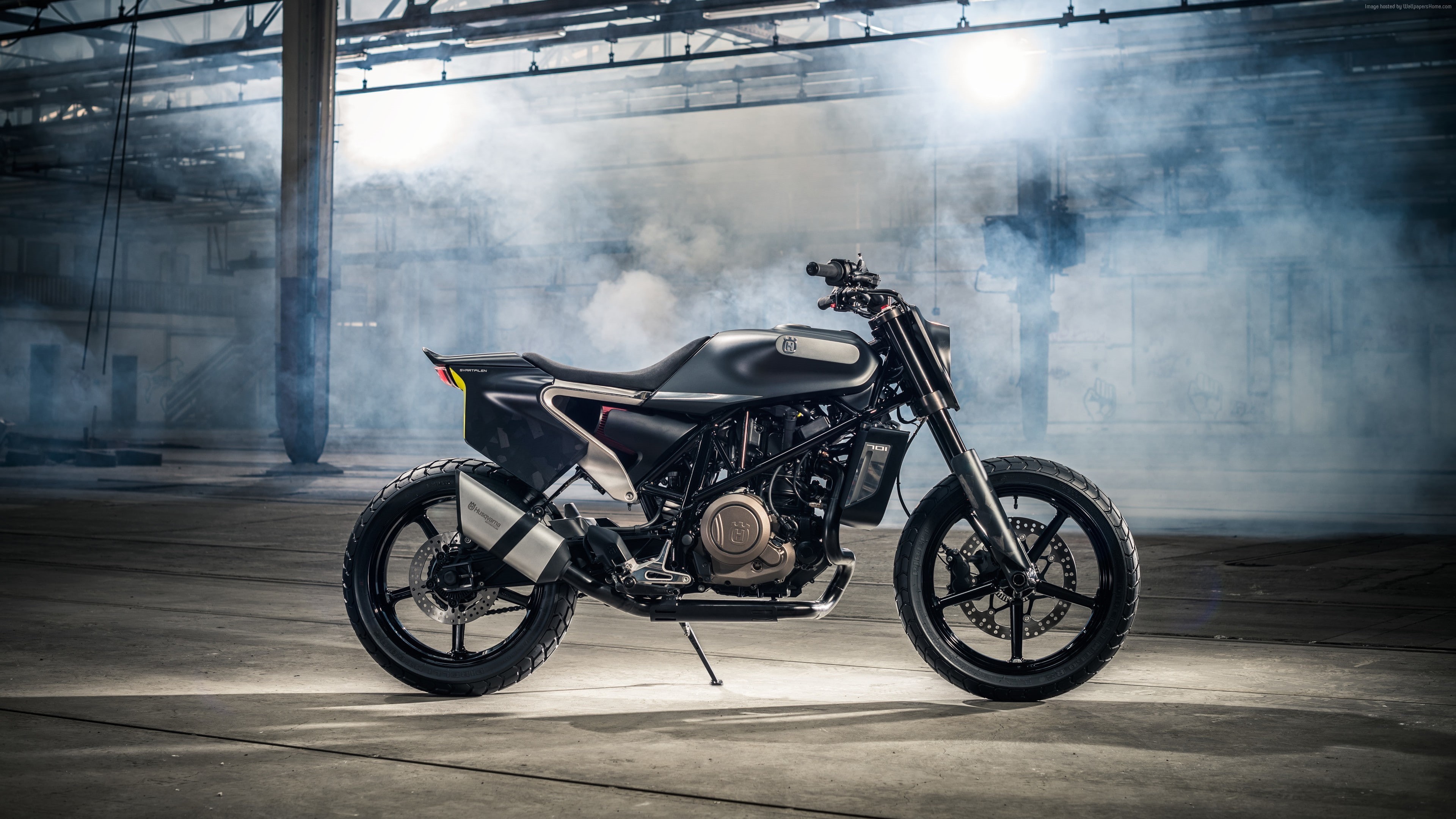 people, Husqvarna Vitpilen 701, motorcycle, architecture, speed, day, sunlight, 2018 Bikes, land vehicle, 4K, smoke - physical structure, lifestyles, side view, HD Wallpaper