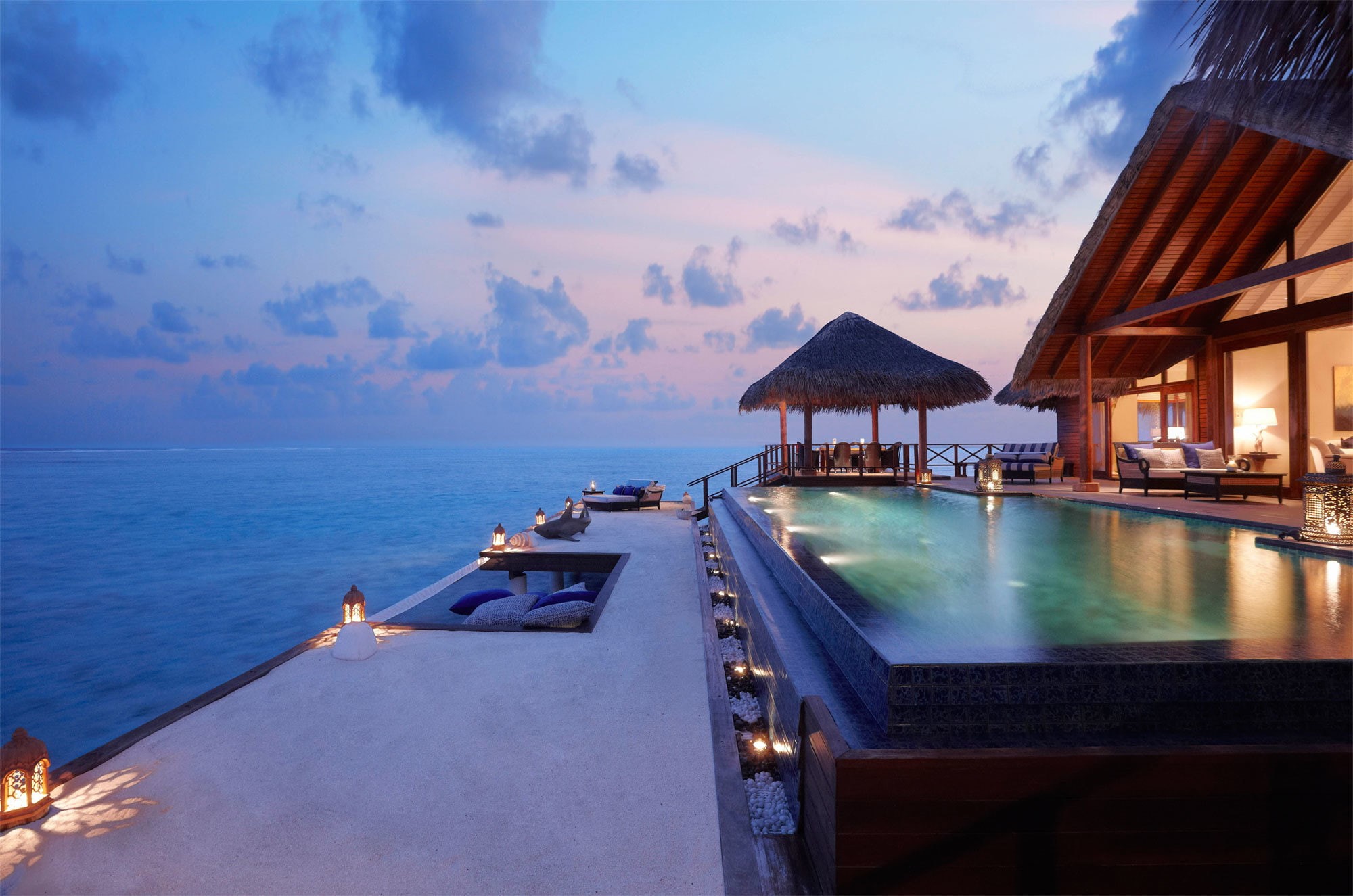 umbrella, illuminated, scenics, luxury, tropical Climate, sunset, seascape, journey, table, bungalow, blue, recreational Pursuit, landscape, infinity, outdoors, HD Wallpaper
