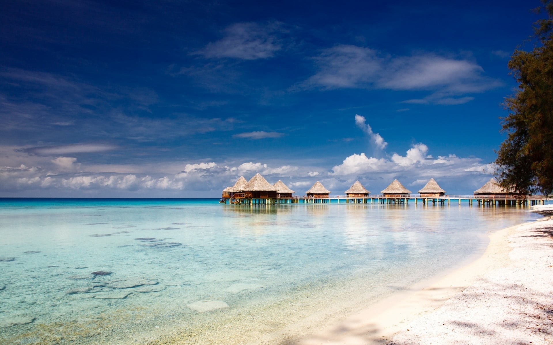 atolls, travel, summer, vacation, built structure, resort, travel destinations, bungalow, tranquil scene, outdoors, beauty in nature, French Polynesia, HD Wallpaper