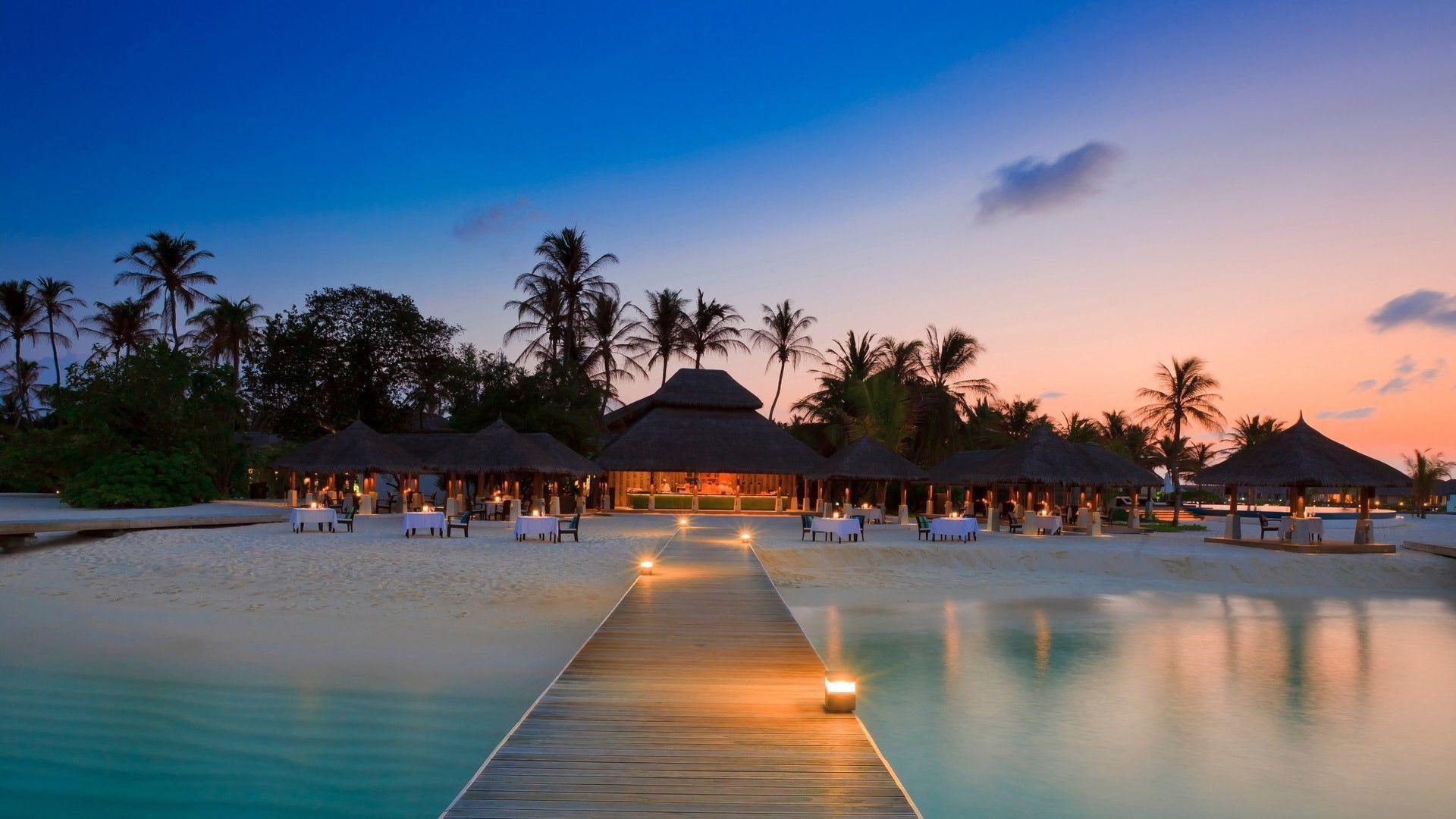 1920x1080, 1080P, maldives, brown, velassaru, beaches, pathway, wooden, french polynesia, HD Wallpaper
