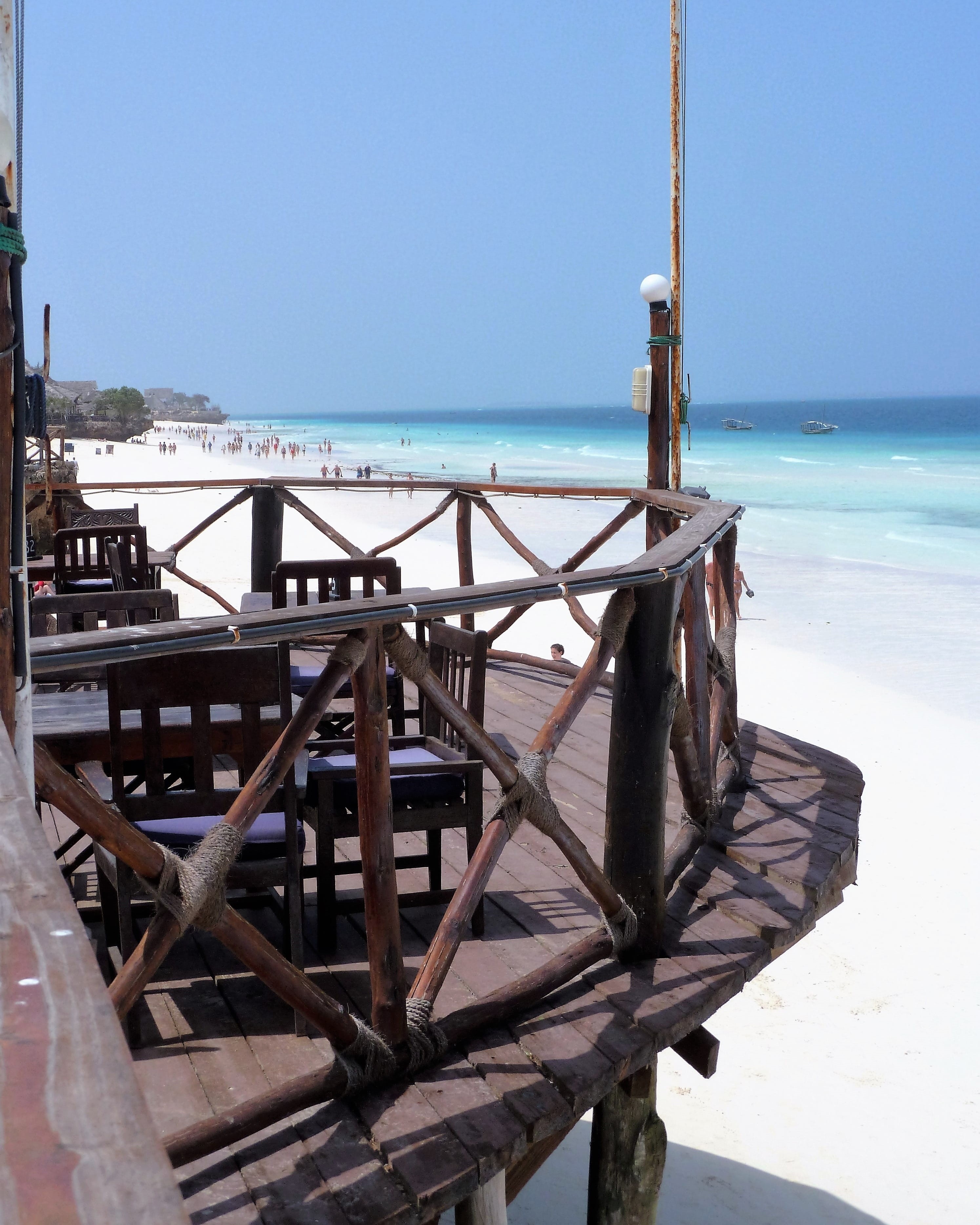 Hotel, terrace, beach, horizon over water, horizon, wood - material, sea, relax, blue, view, beauty in nature, hotel, water, sky, destress, africa, nature, Phone HD Wallpaper