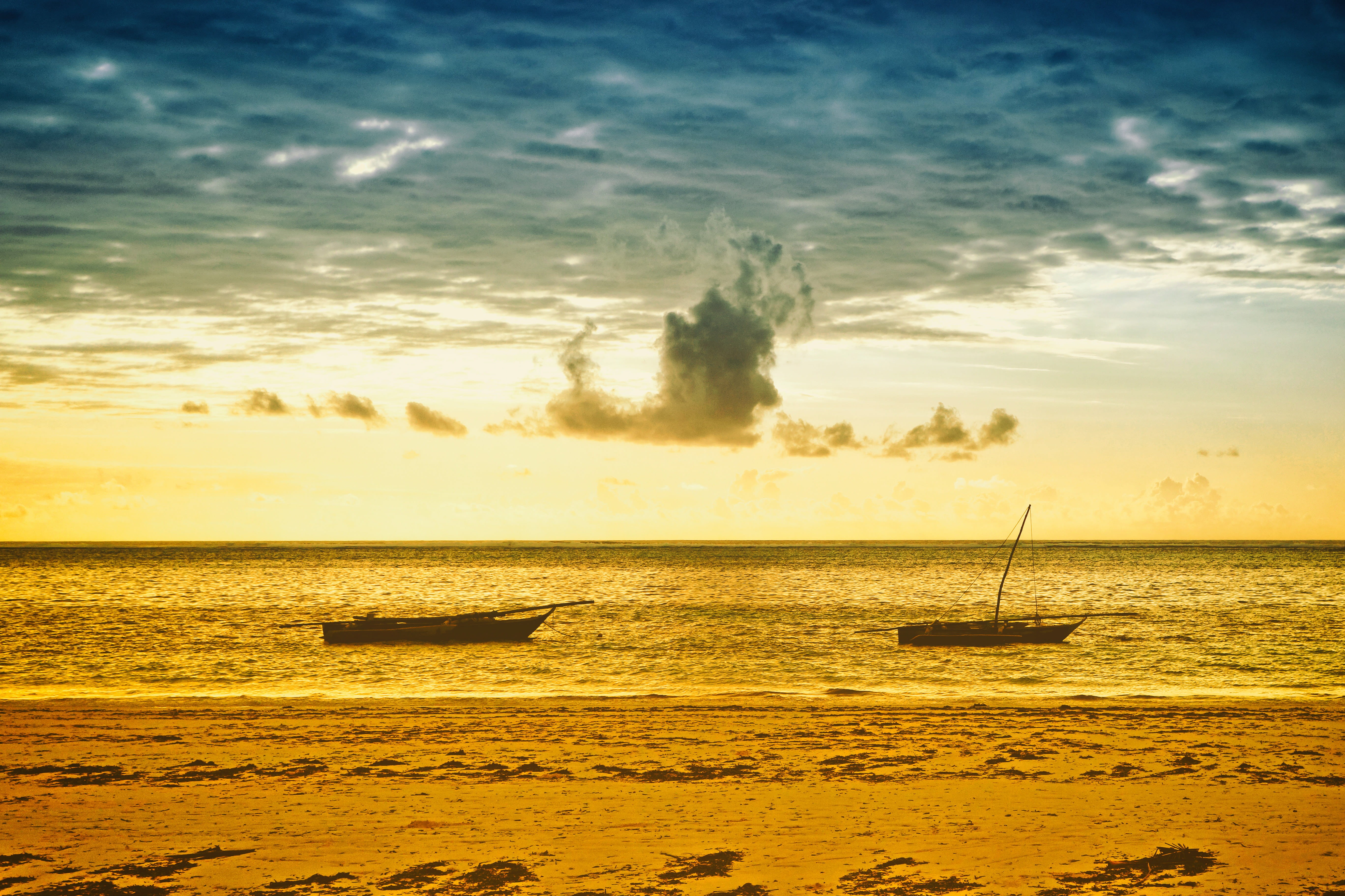 view, tranquil scene, horizon over water, cloud - sky, scenics - nature, horizon, zanzibar, scuba, paradise, nautical vessel, tranquility, canoe, wood, HD Wallpaper