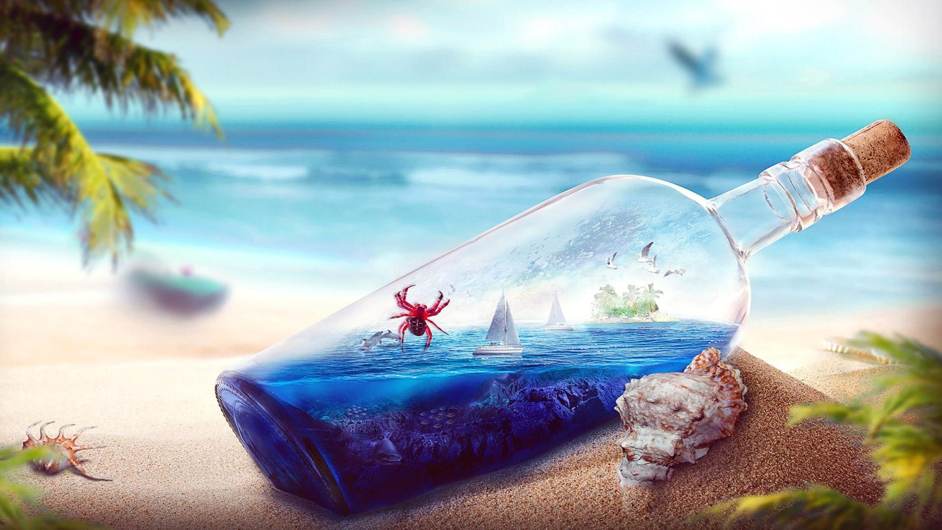 bottle, glass, filled, crab, blue, Beach, 1080P, boat, clear, water, ocean, island, HD Wallpaper