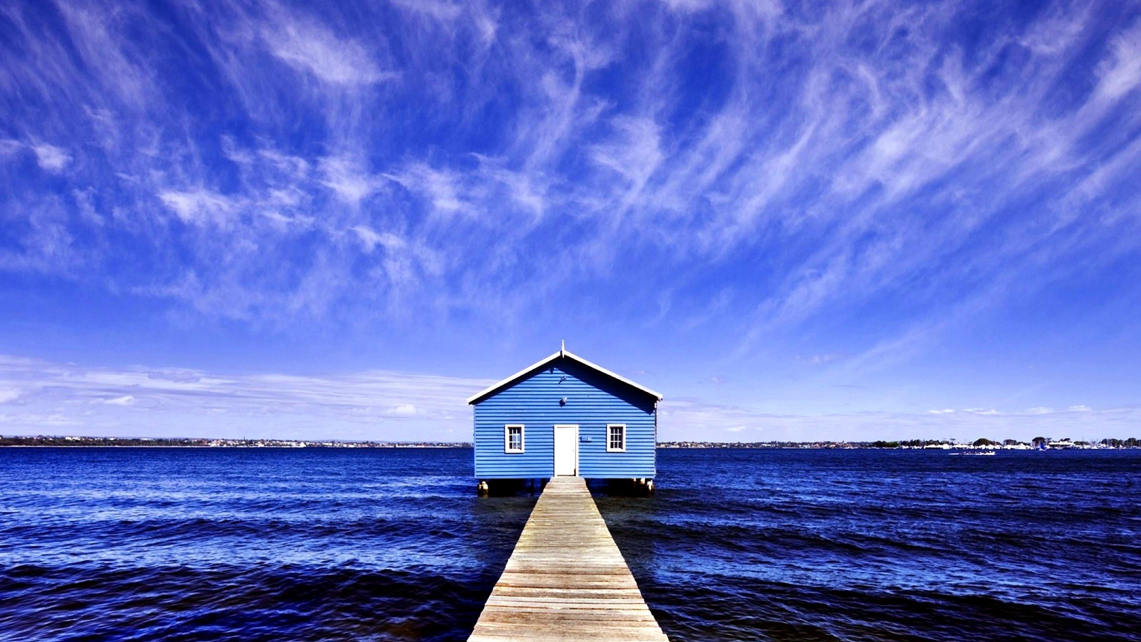 cloud - sky, beauty in nature, 4K, blue sky, direction, shore, horizon, horizon over water, blue water, day, built structure, ocean, tranquil scene, blue, HD Wallpaper