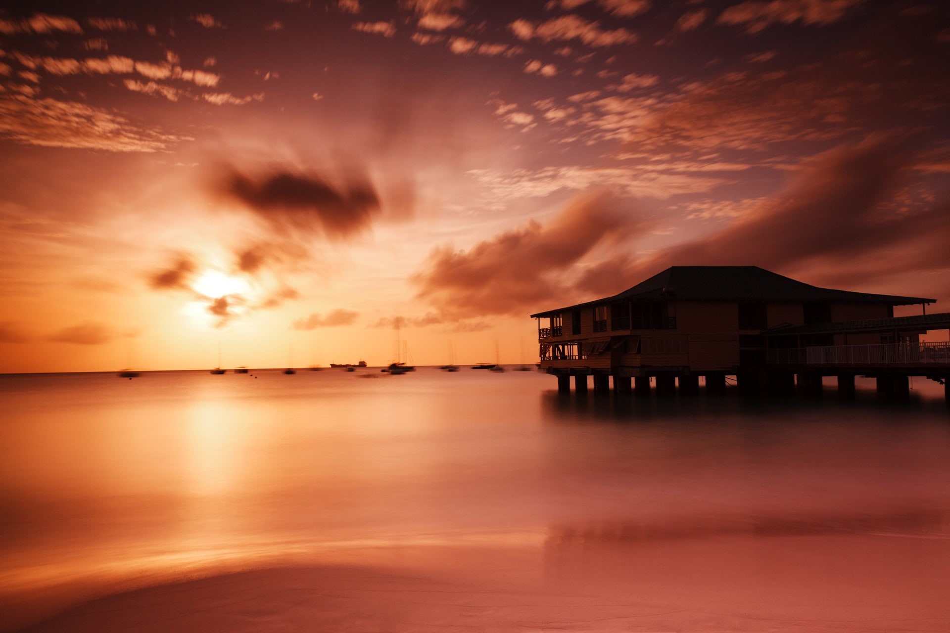 sand, Barbados, peaceful, dusk, calm, boat, beach, sunset, evening, 1080P, coast, Sun, red, colorful, sky, orange, clouds, harbor, sea, HD Wallpaper