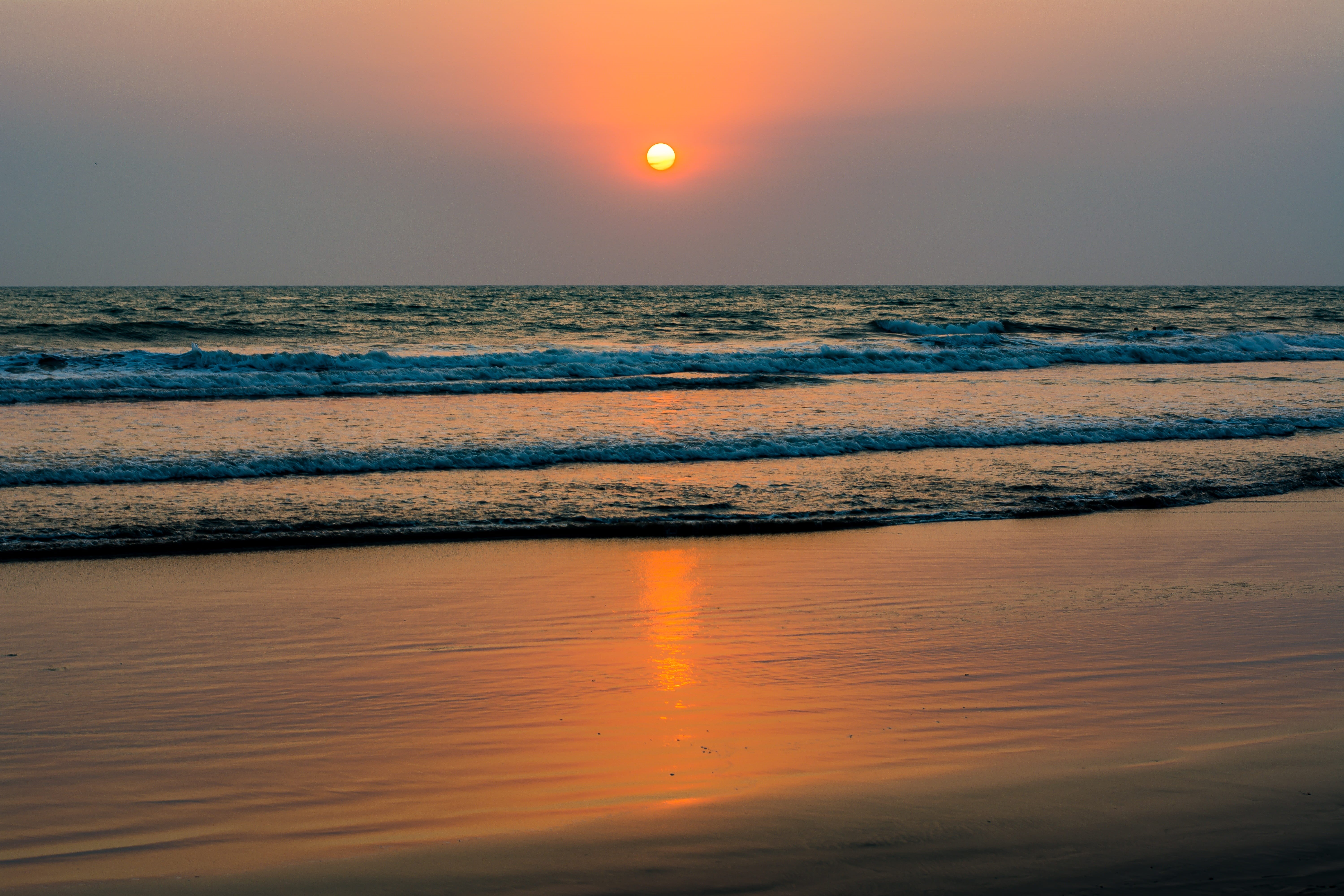 sunlight, romantic sky, beach sunset, water, beach, idyllic, peaceful, evening, ocean, sand, sunset, coast, outdoors, tranquil scene, color, travel, sea, HD Wallpaper