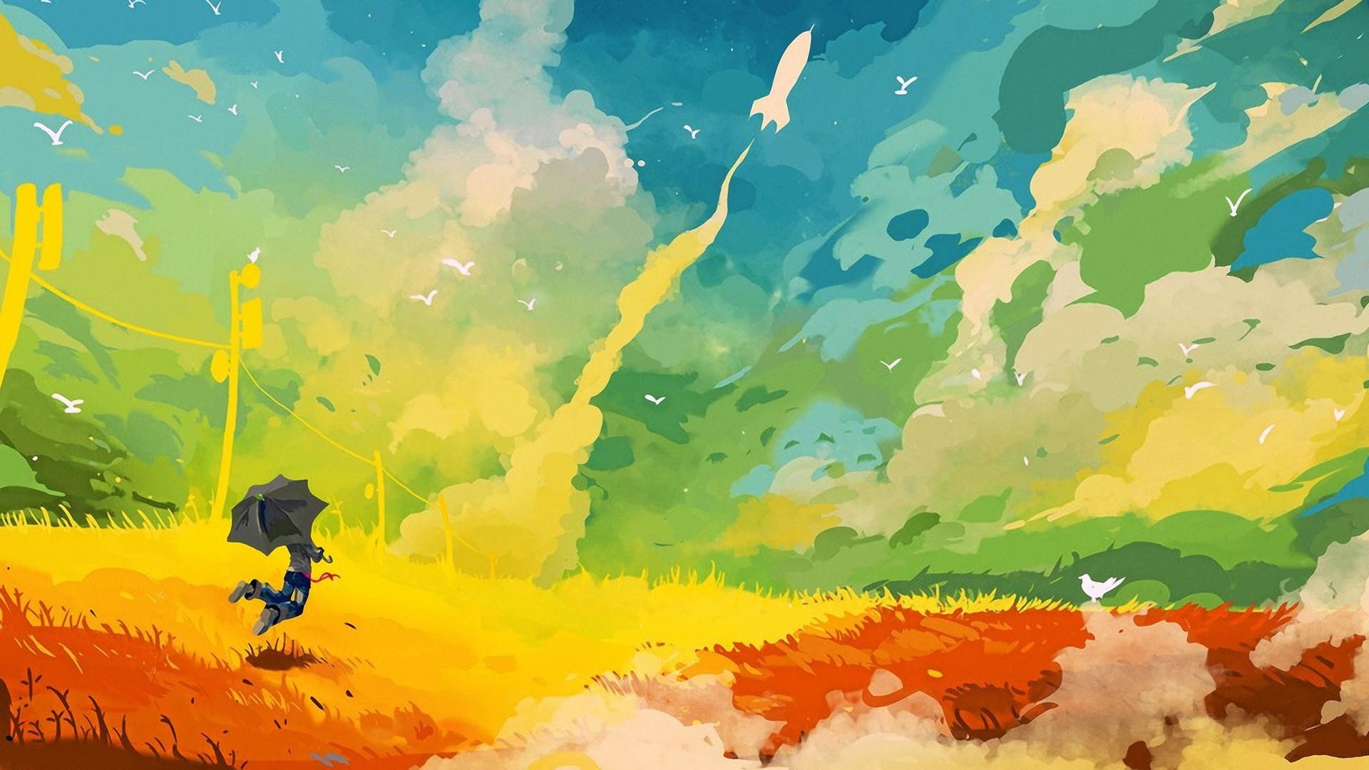 1080P, rocket, painting, backgound, colorful, jumping, colour, umbrella, HD Wallpaper