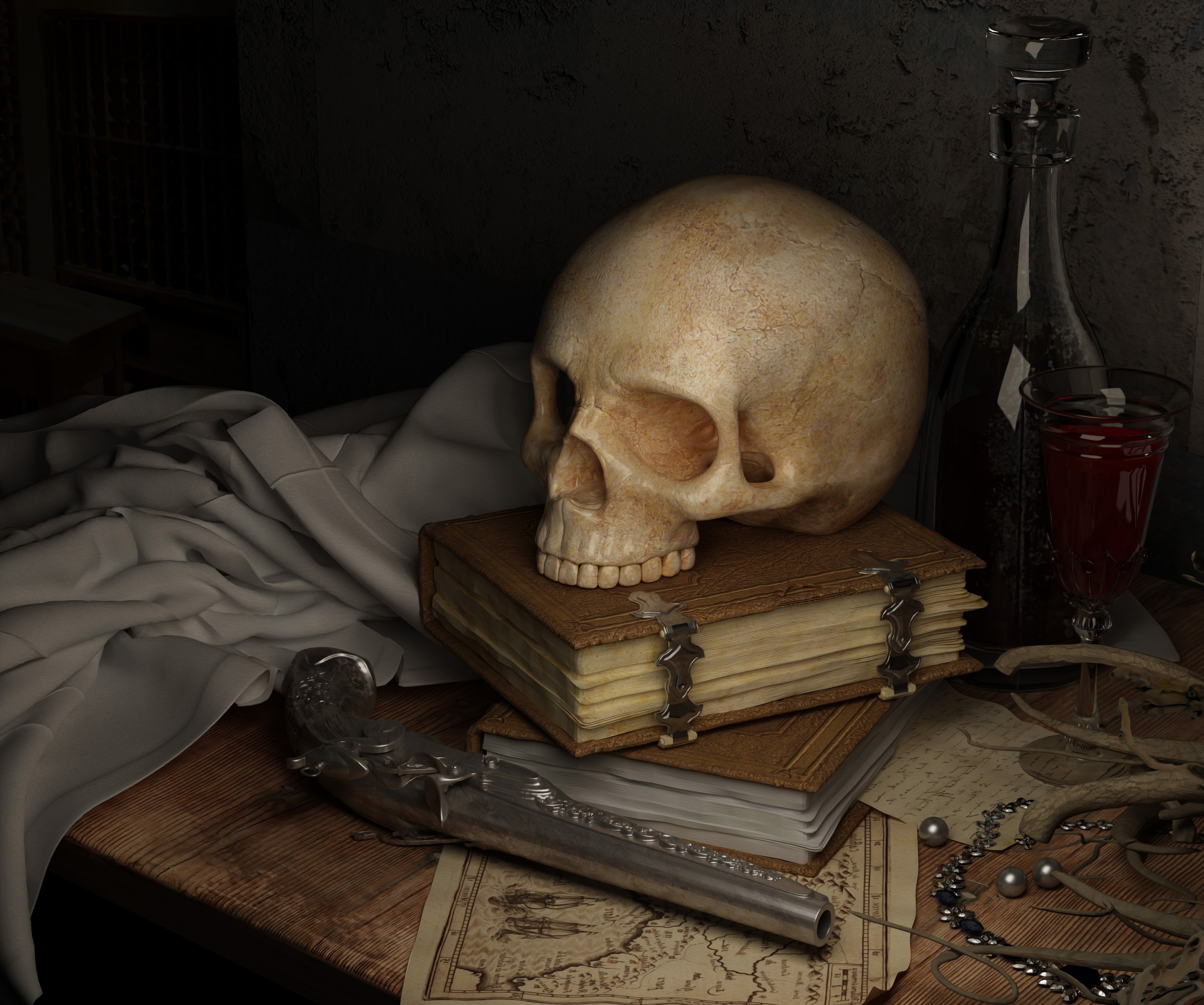 still life, pets, human skeleton, furniture, map, human skull, 4K, spooky, anatomy, gun, no people, animal, mammal, book, relaxation, domestic animals, HD Wallpaper