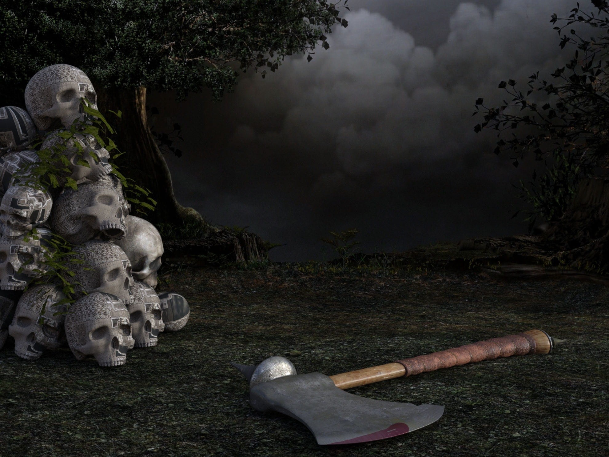 ominous, grave, spooky, brown, creepy, belief, dark, fantasy, nature, book cover, tombstone, horror, ax, axe, cemetery, male likeness, handled, 1080P, HD Wallpaper