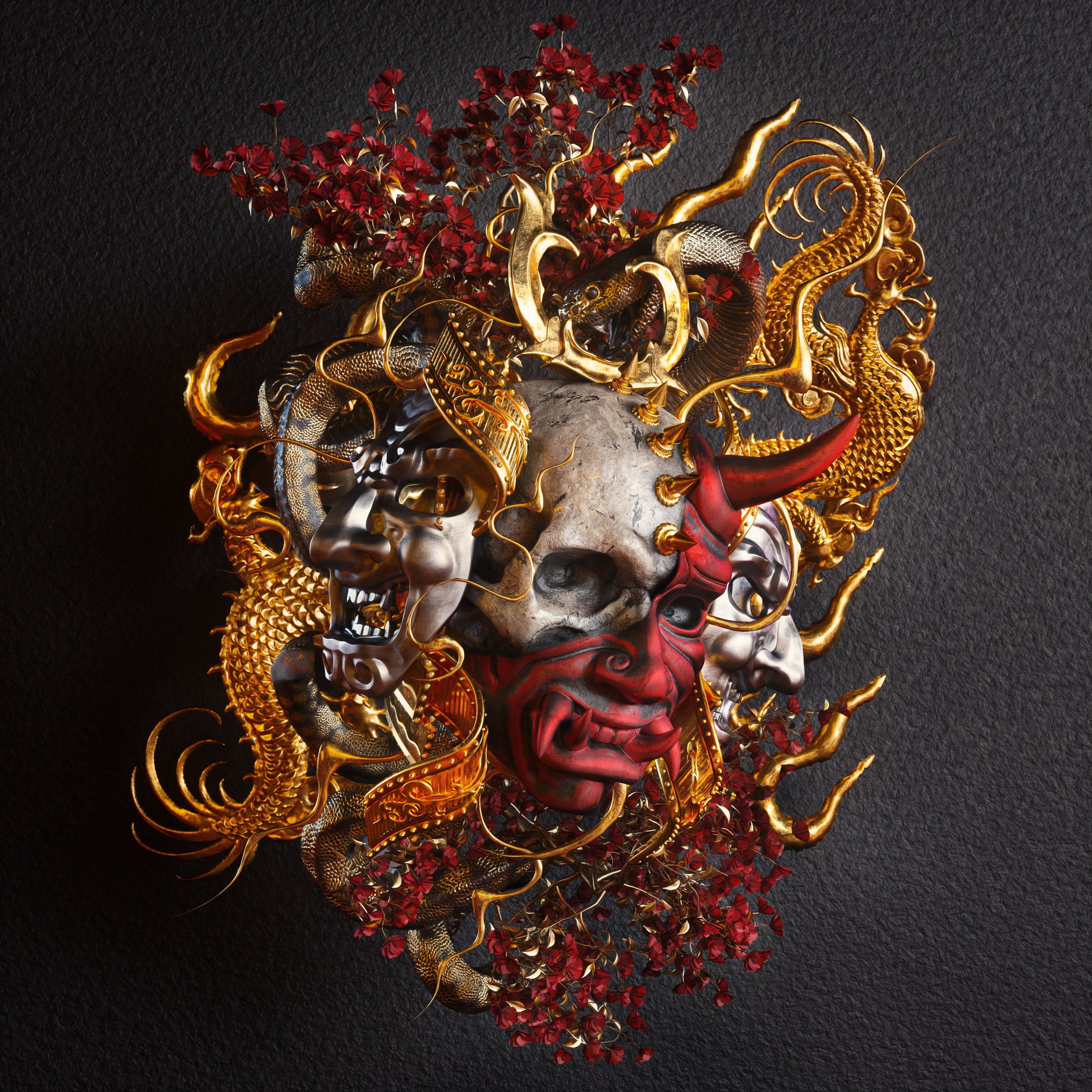 red, skull, religion, dark, gold, samurai, billelis, 1080P, death, Phone HD Wallpaper