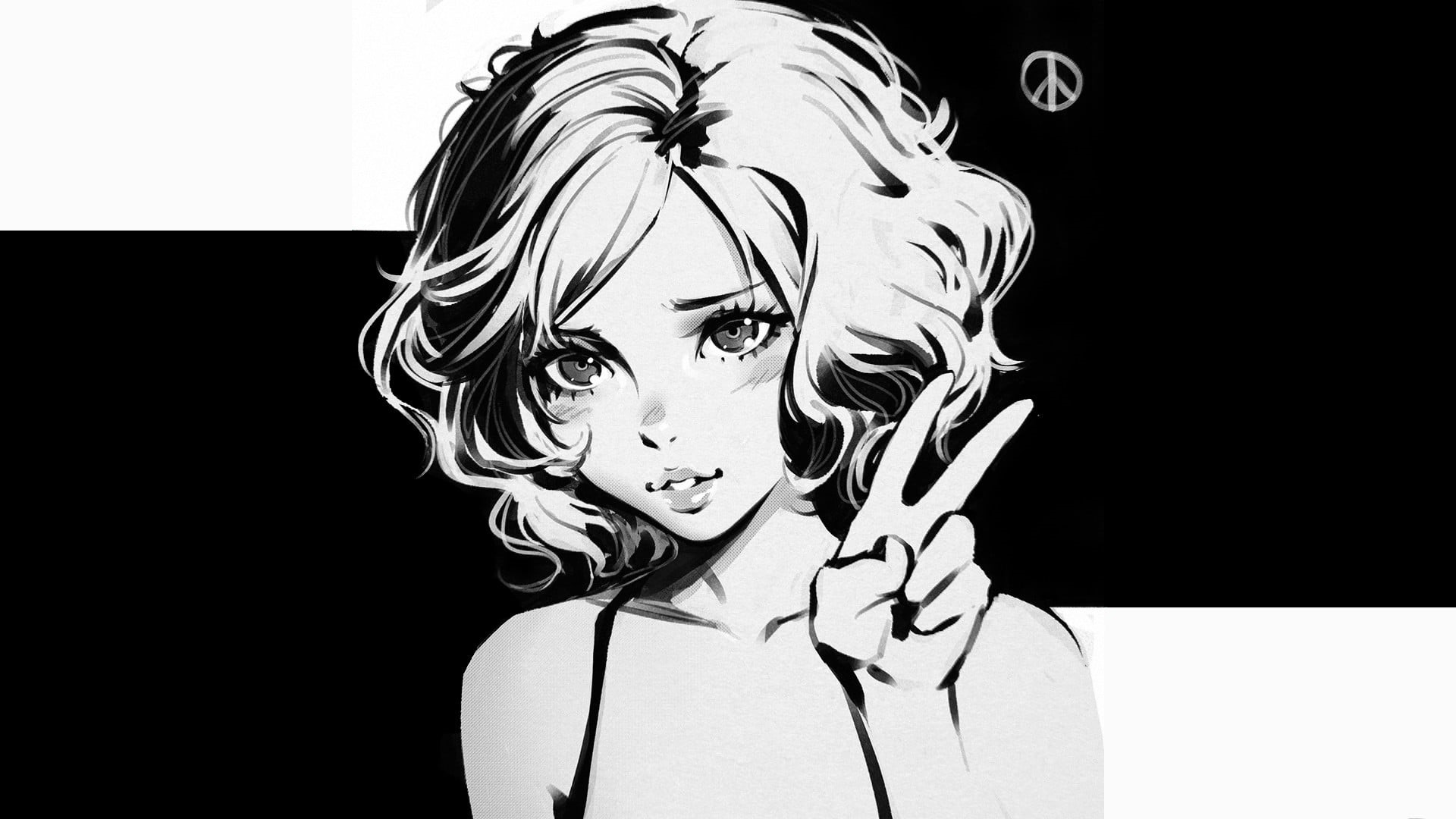 black background, monochrome, illustration, indoors, cut out, hairstyle, Paz Ortega Andrade, headshot, 1080P, Metal Gear Solid, young women, front view, HD Wallpaper