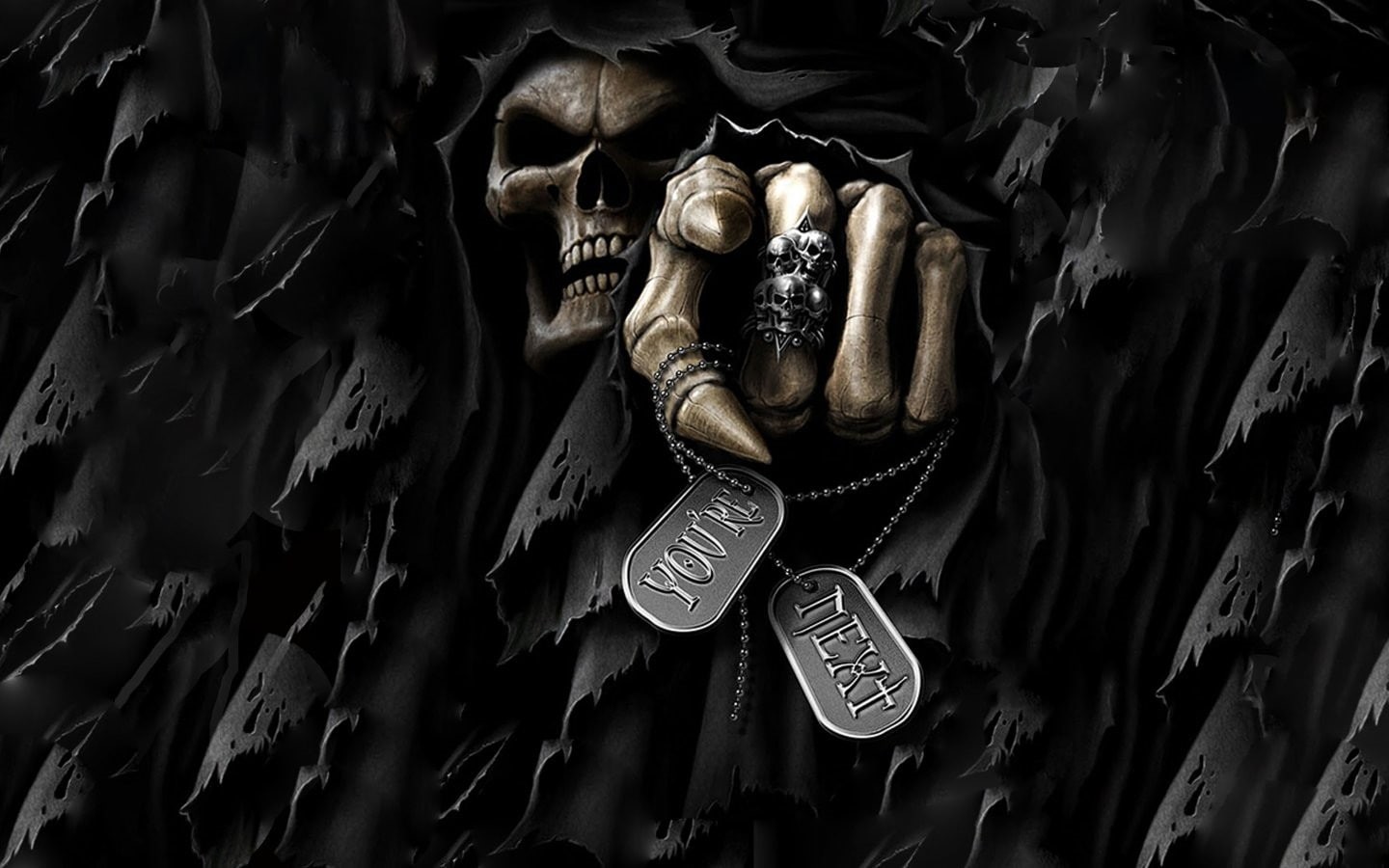 text, death, spooky, skull, digital art, bones, rings, dark, Grim Reaper, 720P, teeth, HD Wallpaper