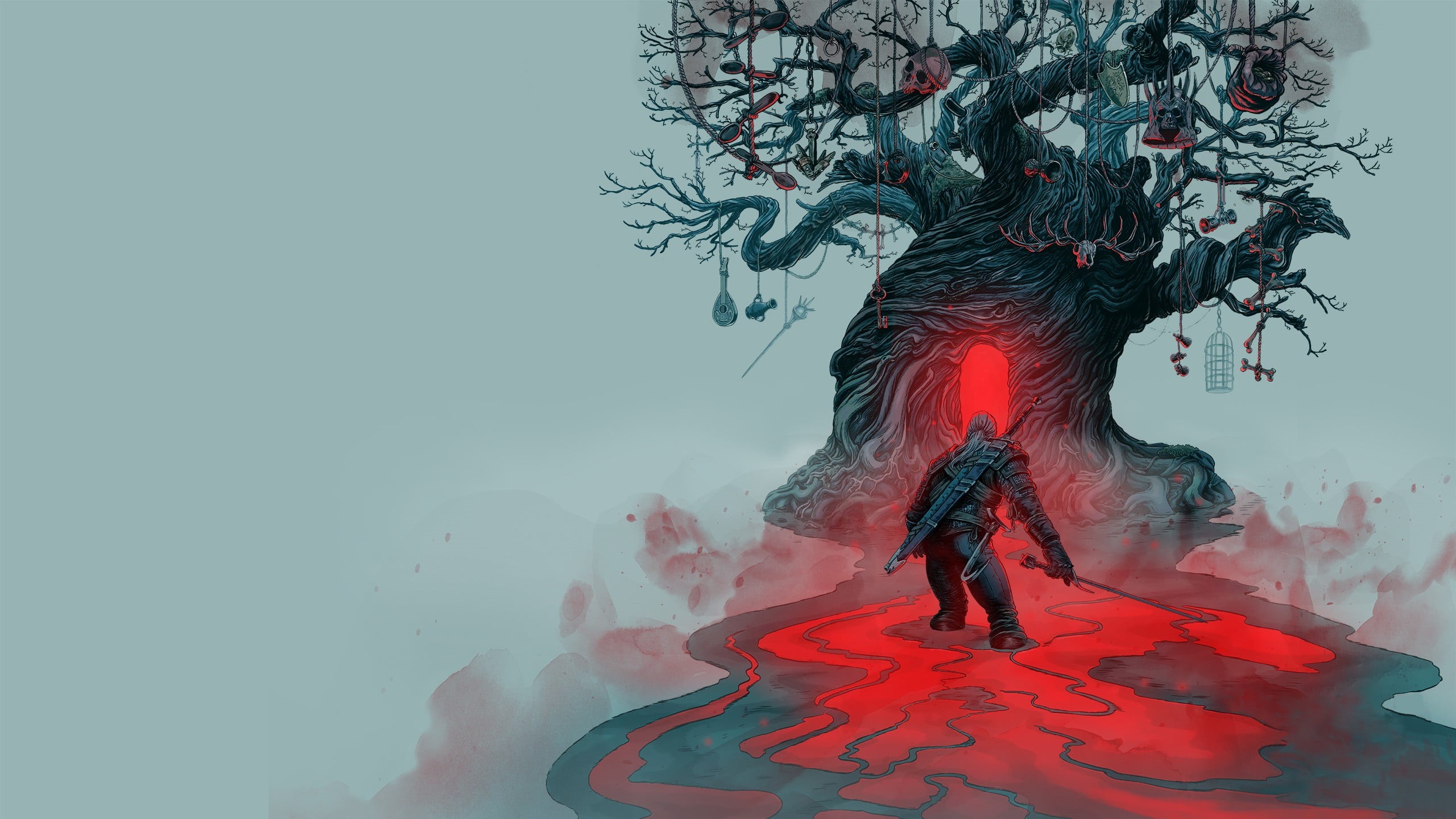 sword, black, landscape, vector, red, art, front view, abstract, full length, Geralt of Rivia, lifestyles, fantasy, spoons, computer Graphic, cold temperature, HD Wallpaper