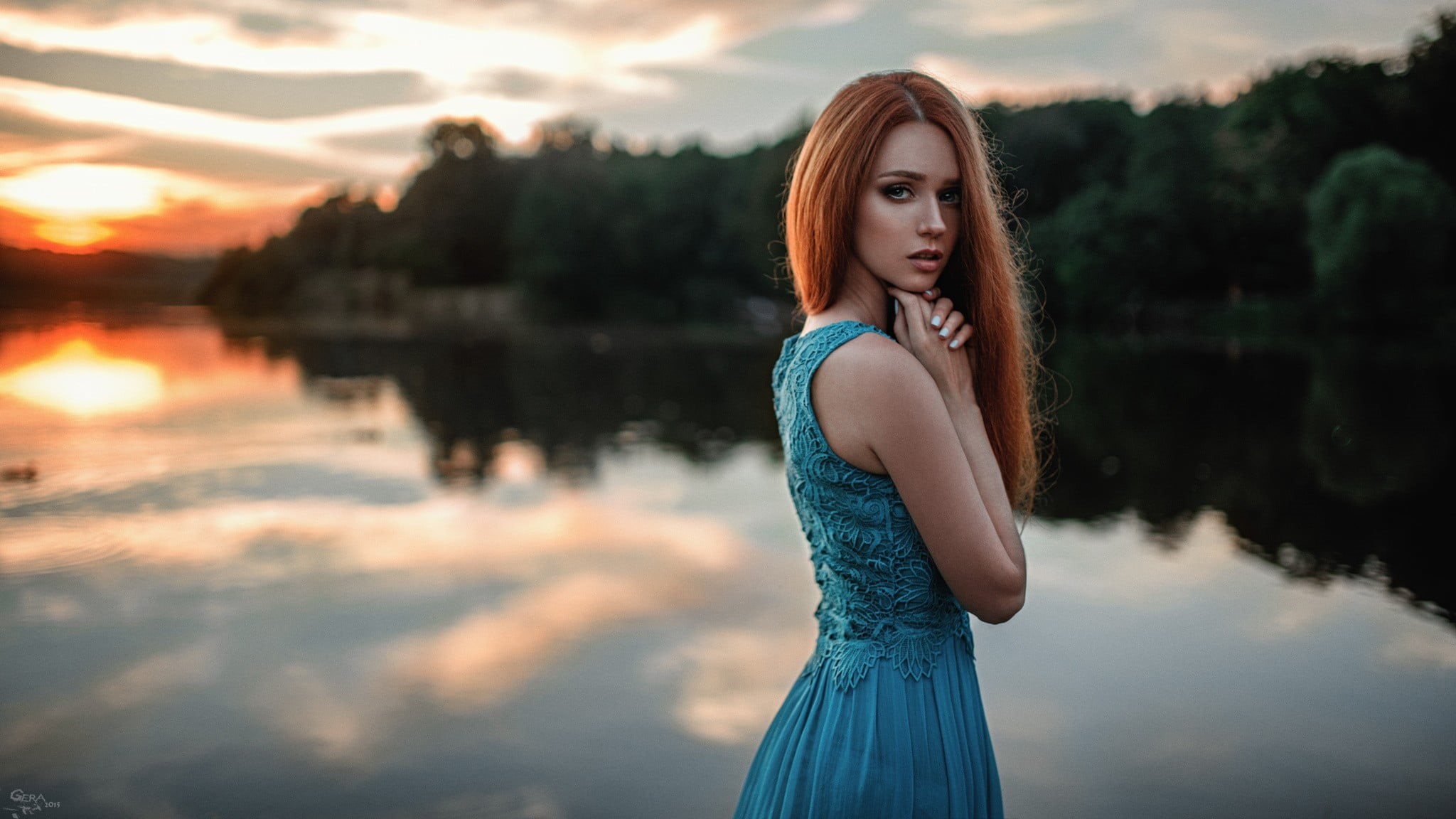 Georgy Chernyadyev, dress, nature, looking at camera, young adult, clothing, 1080P, blue, sleeveless, beauty, one person, long hair, pleated, portrait, HD Wallpaper