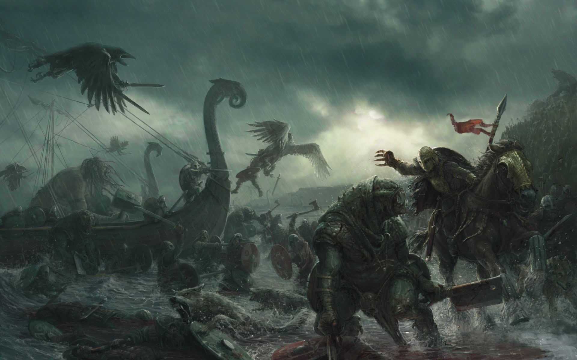 nature, representation, Vikings, outdoors, axes, videogame, day, group of animals, no people, spooky, creature, human representation, 1080P, fish, sea, HD Wallpaper
