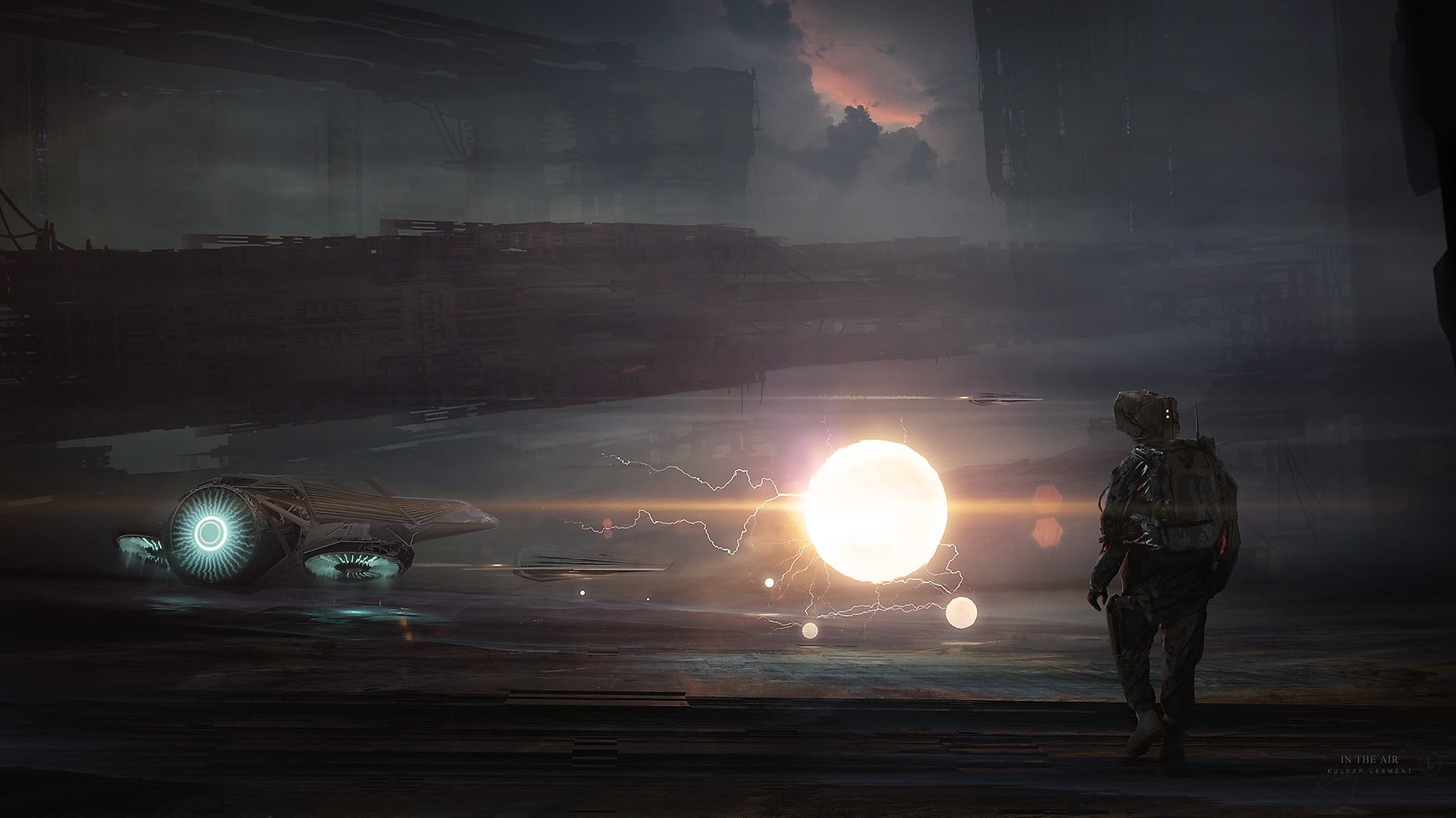1080P, men, videogame, science fiction, sky, illuminated, transportation, application, lighting equipment, mode of transportation, one person, lens flare, HD Wallpaper