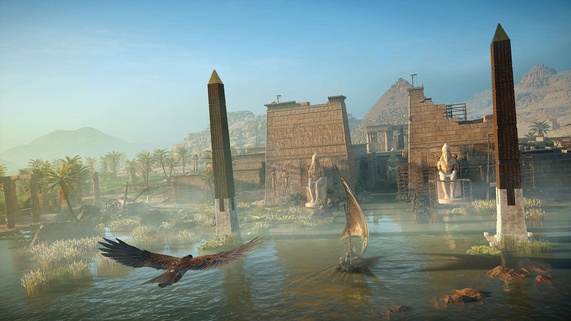 animal themes, Assassins Creed: Origins, ancient civilization, water, architecture, no people, beauty in nature, building, reflection, waterfront, lake, HD Wallpaper