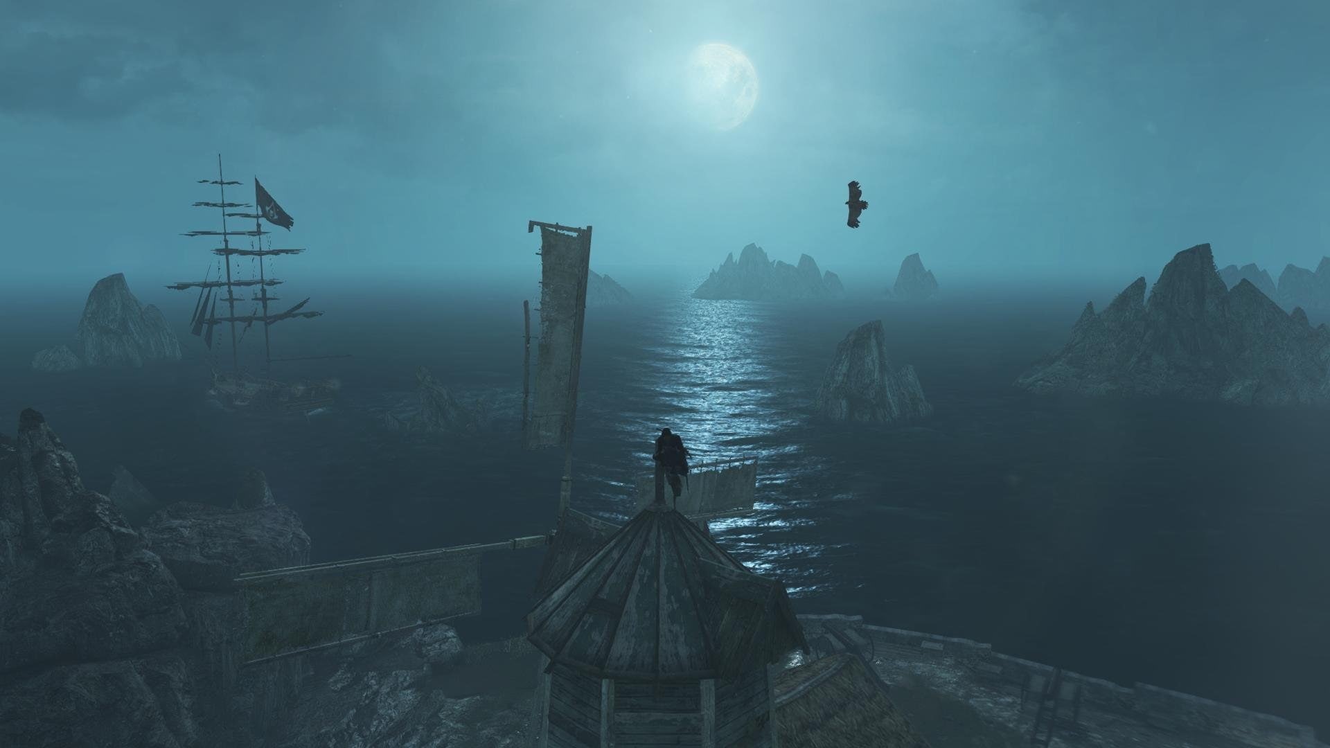 flag, eagle, assassin 039 s, creed, sea, water, 1080P, rock, moon, black, HD Wallpaper