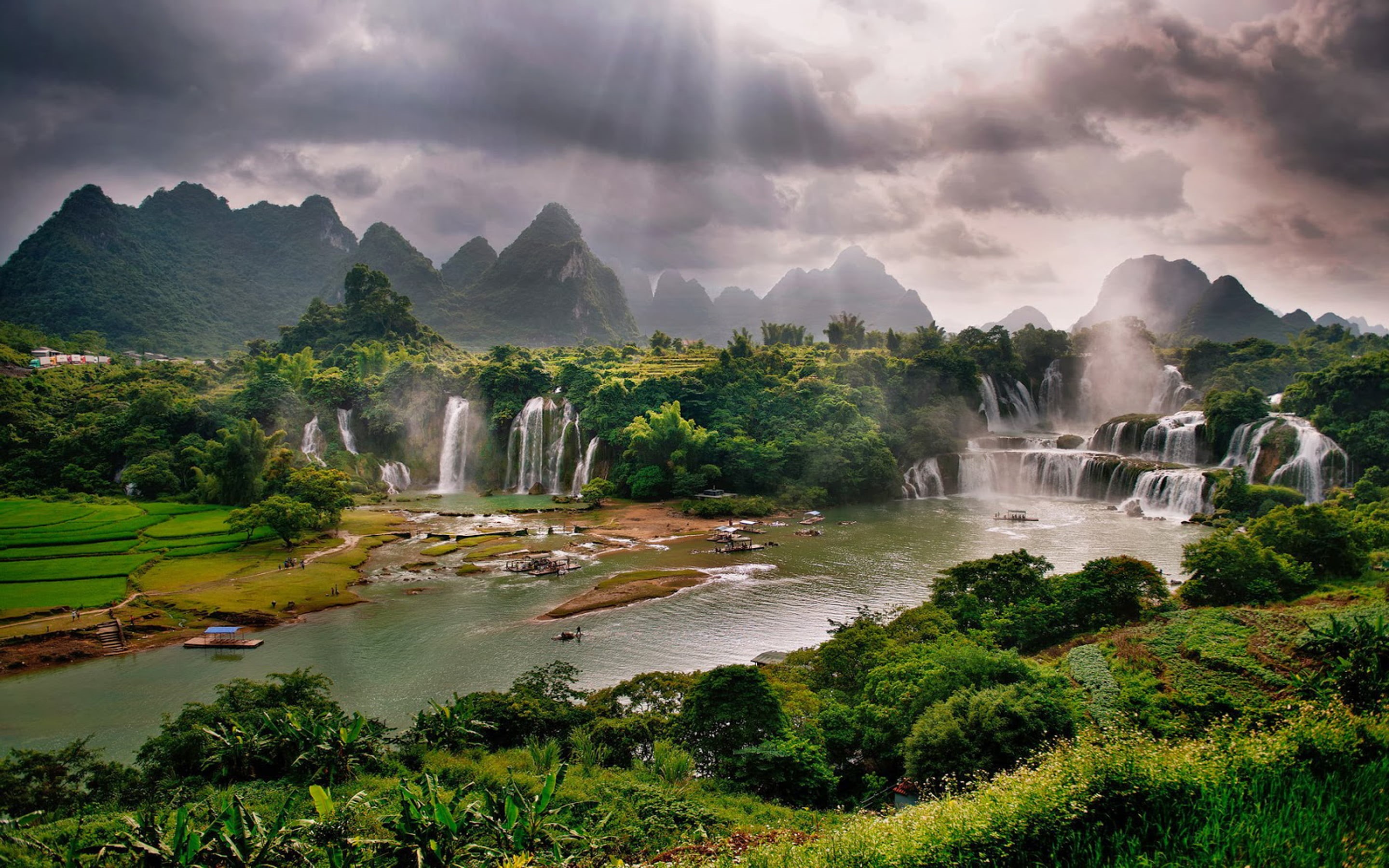 beauty in nature, desktop, tree, 2K, water, river, cloud - sky, no people, environment, plant, tranquil scene, daxin, guangxi, flowing, mountain, flowing water, HD Wallpaper