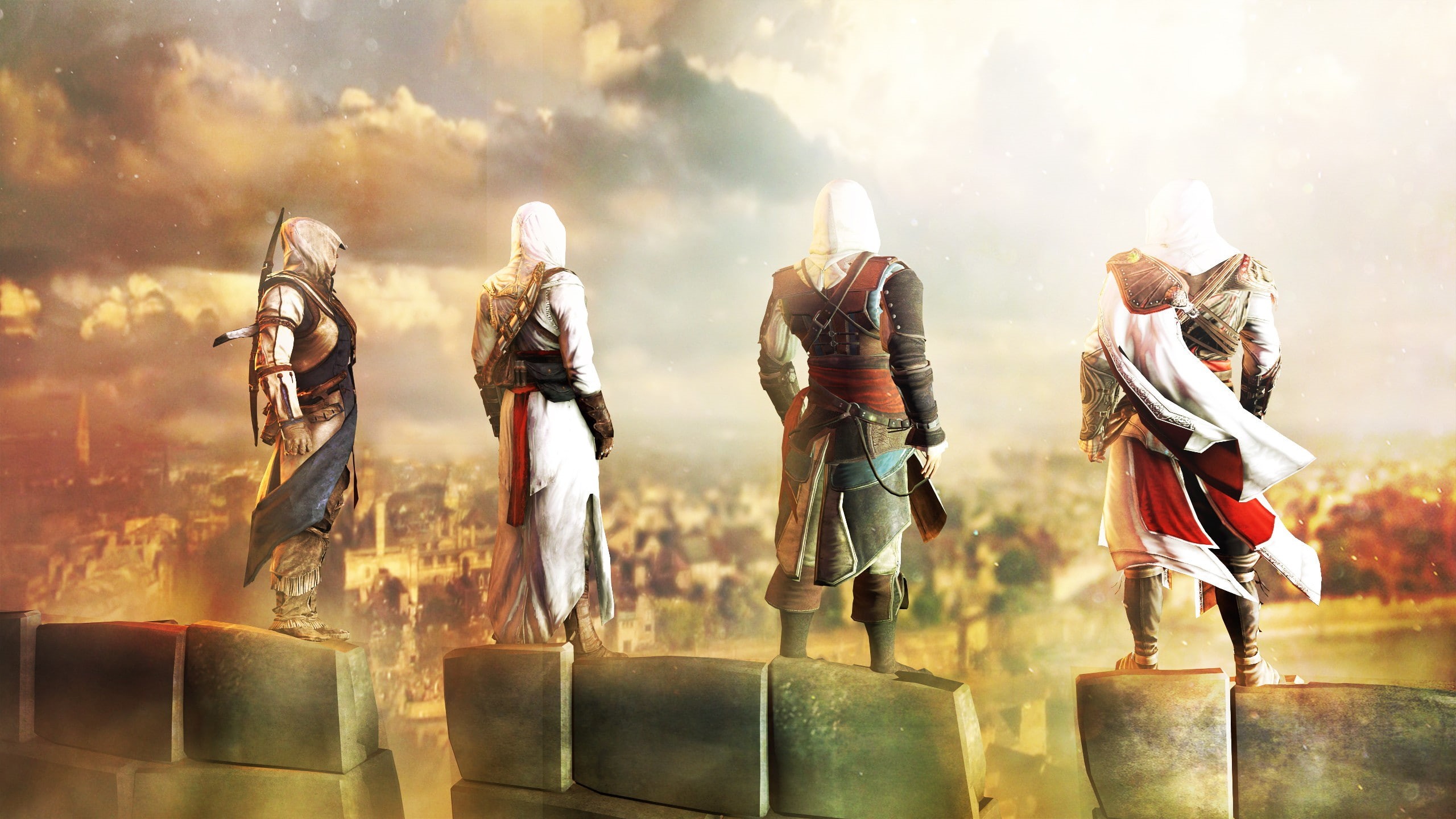 group of people, outdoors, conflict, uniform, Ezio Auditore da Firenze, nature, panoramic, men, Assassins Creed, fighting, representation, Connor Davenport, HD Wallpaper
