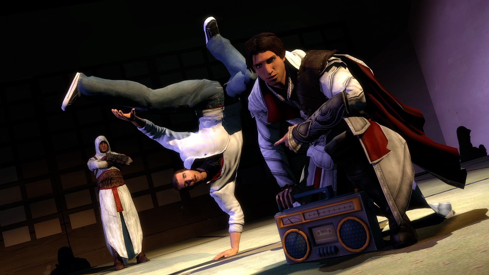 breakdance, boombox, grey, render, leisure activity, young men, Altaïr Ibn-LaAhad, adult, young women, indoors, stage, casual clothing, arts culture and entertainment, HD Wallpaper