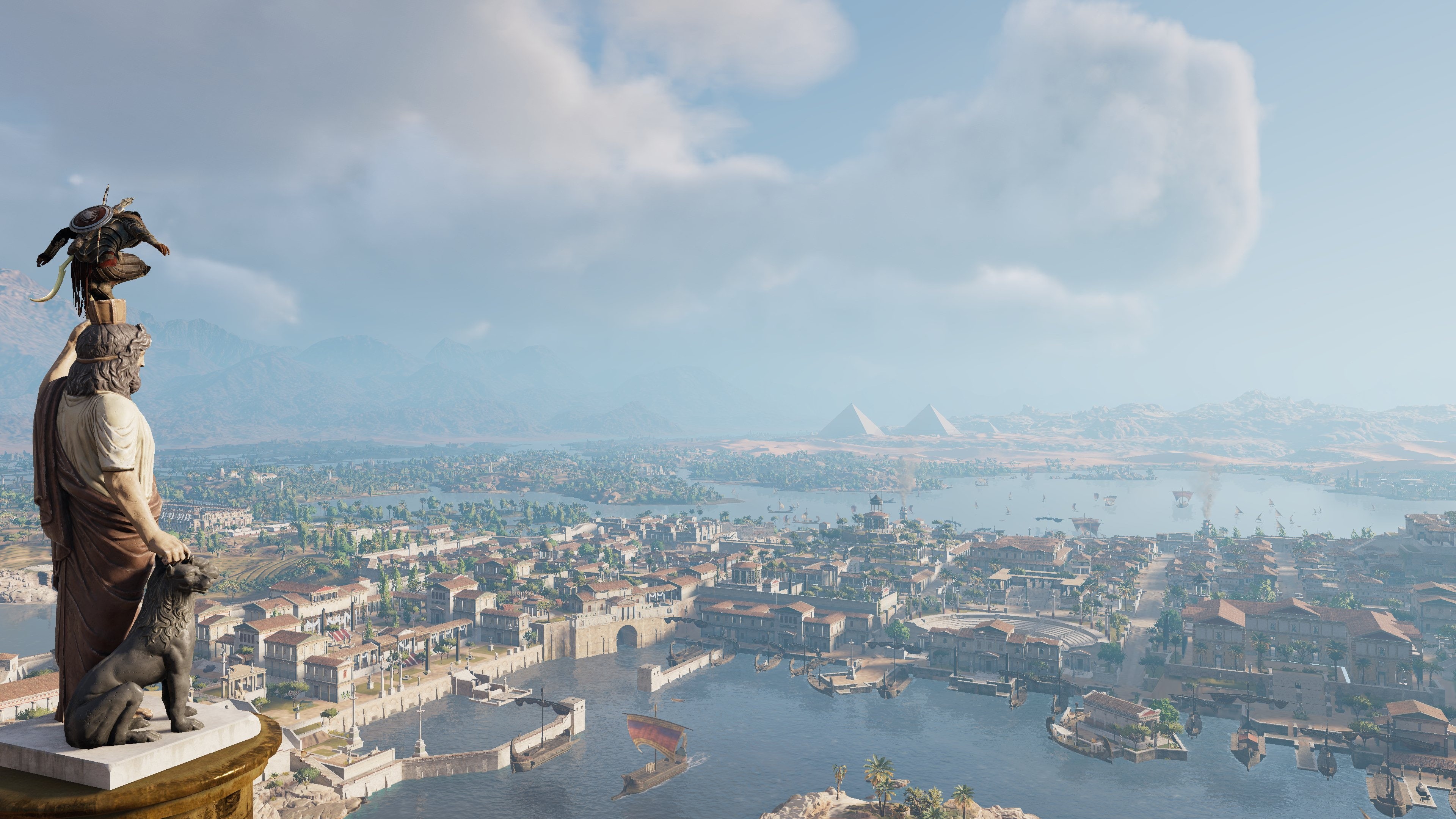 Assassins Creed: Origins, building exterior, no people, water, city, nature, Egypt, travel destinations, religion, day, landscape, pyramid, craft, statue, HD Wallpaper