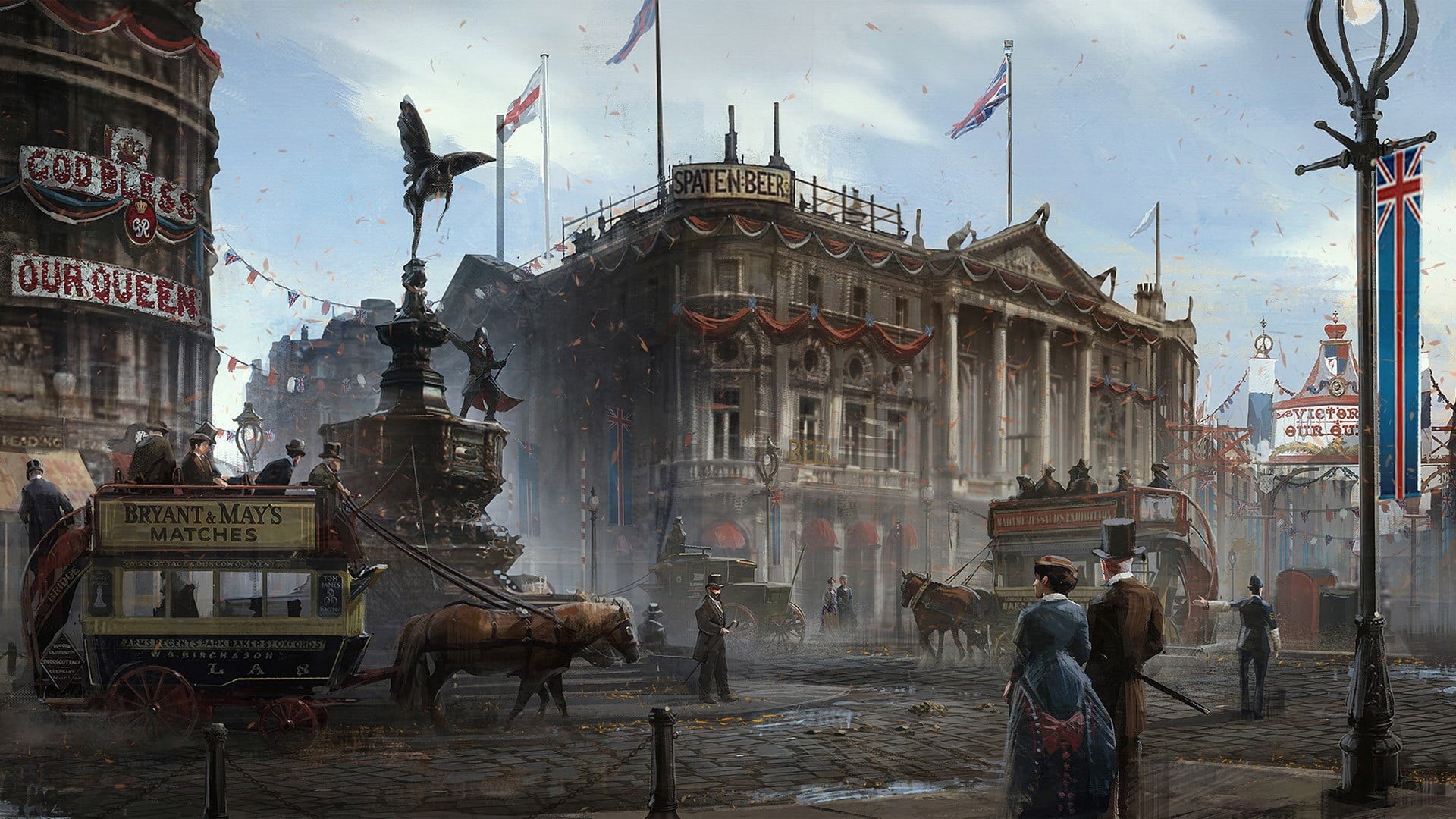 flag, street, building exterior, Assassins Creed Syndicate, outdoors, real people, incidental people, mammal, video games, city, travel, Assassins Creed, HD Wallpaper
