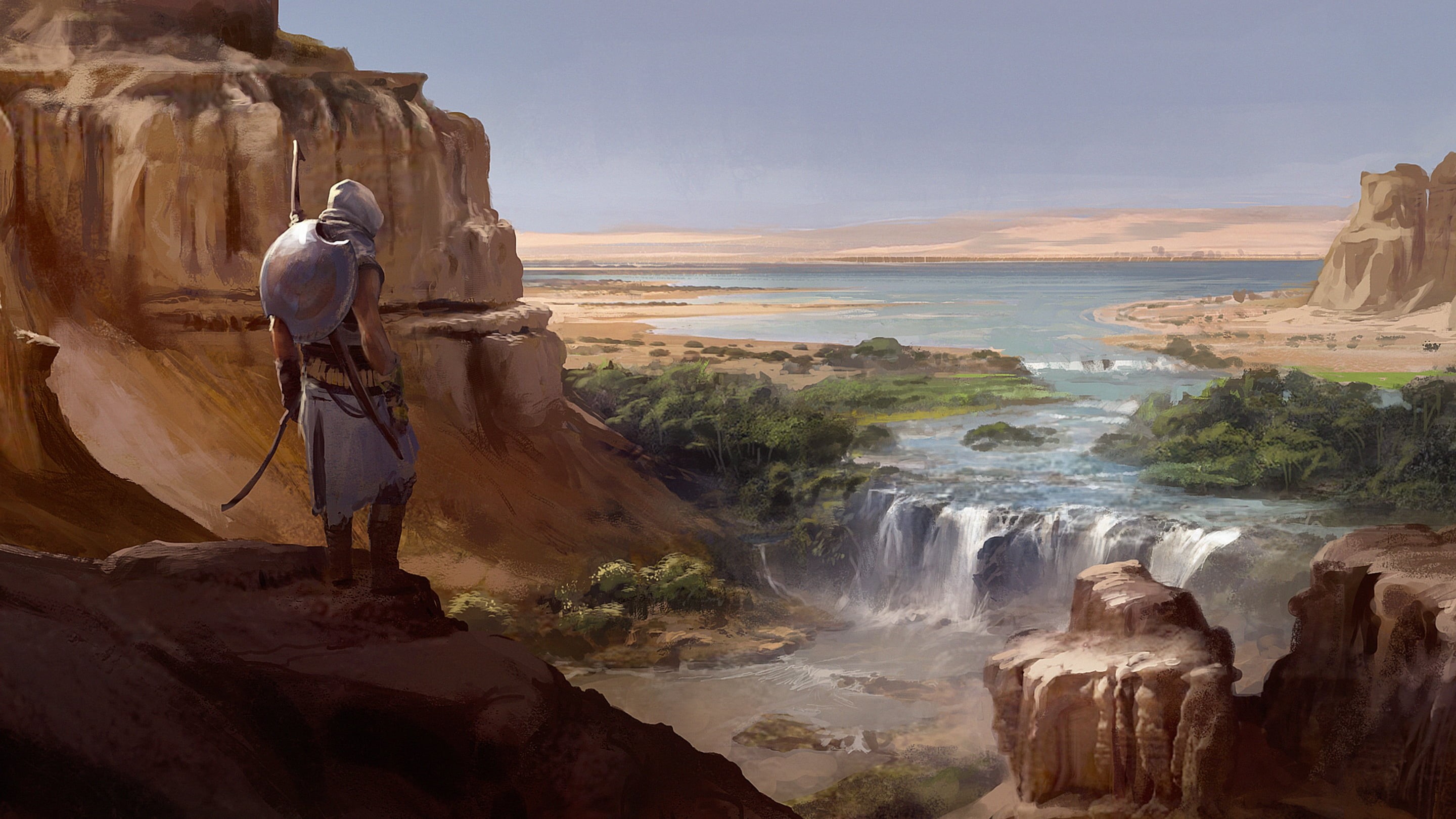 adult, rock, s, Egypt, Assassins Creed, land, beach, water, assassin, full length, landscape, motion, waterfall, Bayek, 2K, river, looking at view, sky, HD Wallpaper