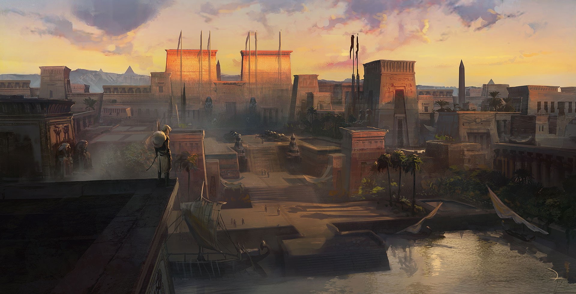 cloud - sky, 1080P, architecture, city, office building exterior, Assassins Creed: Origins, building, travel destinations, river, water, cityscape, building exterior, HD Wallpaper