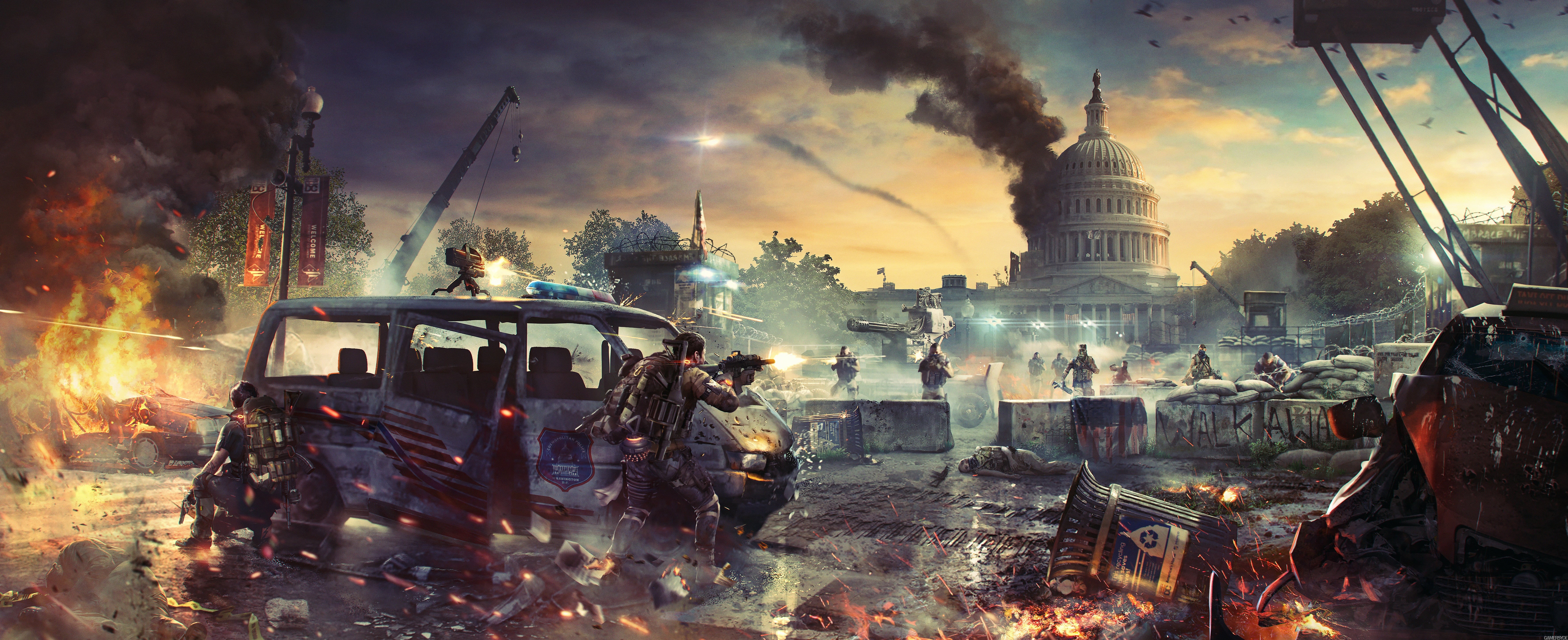 5K, video games, sky, building exterior, nature, architecture, belief, Tom Clancys The Division 2, built structure, city, place of worship, people, motion, HD Wallpaper