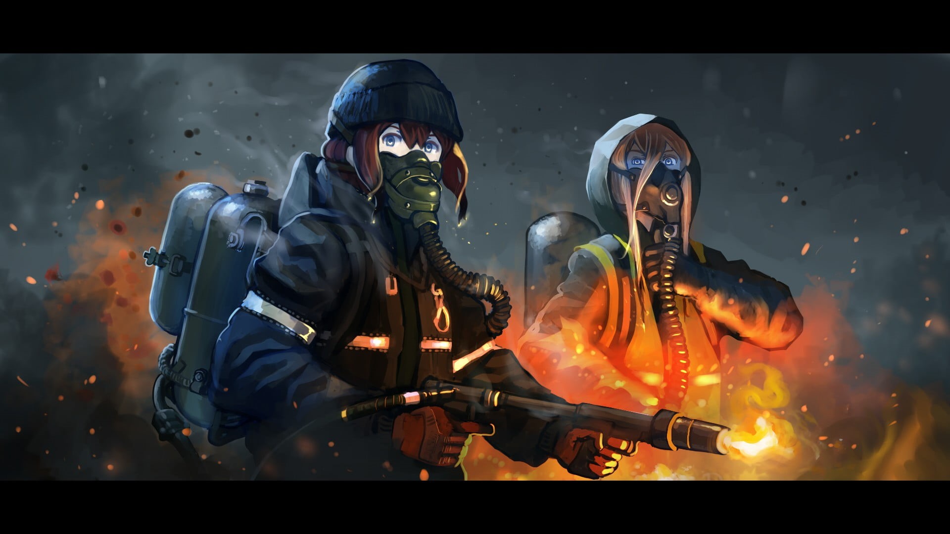 people, anime girls, night, gas mask, digital composite, 1080P, communication, illuminated, protection, warning sign, indoors, safety, Tom Clancys The Division, HD Wallpaper