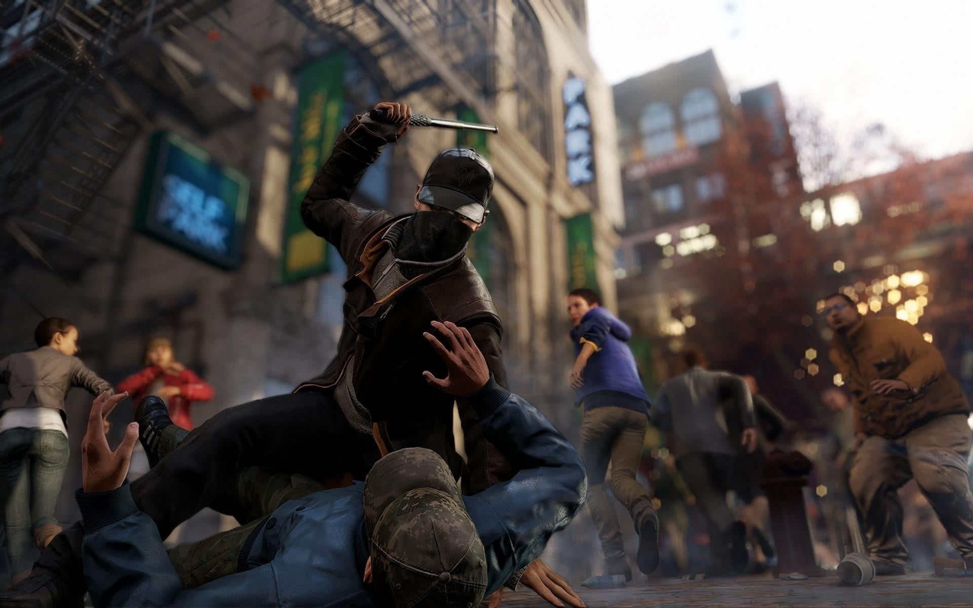 screenshot, protest, 1080P, video, outdoors, low angle view, real people, architecture, street, city, building exterior, Aiden Pearce, women, Ubisoft, HD Wallpaper