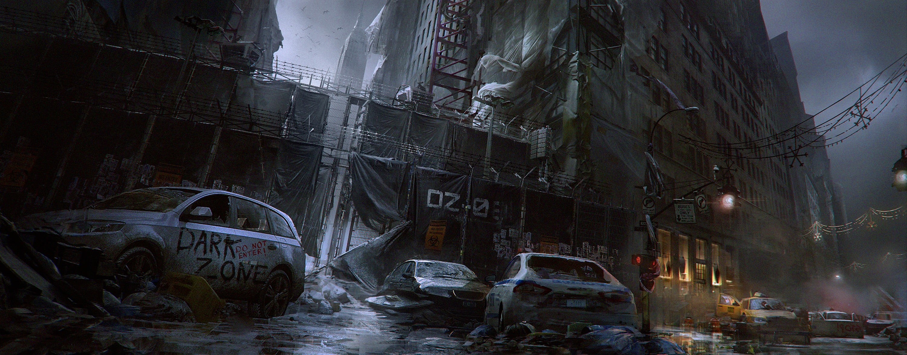 ruined, Tom Clancys The Division, accidents and disasters, mode of transportation, floral, city, building exterior, wet, water, fog, night, 2K, outdoors, HD Wallpaper