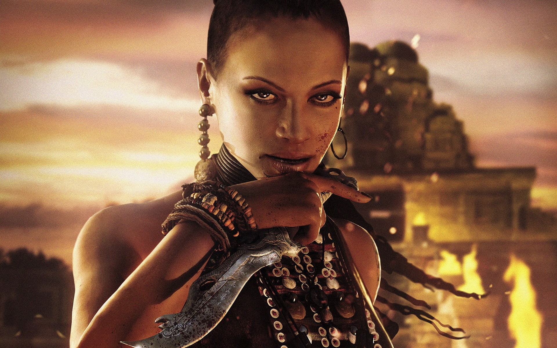 digital, nature, Far Cry 3, video games, focus on foreground, looking at camera, portrait, front view, young women, beauty, jewelry, women, sunset, HD Wallpaper