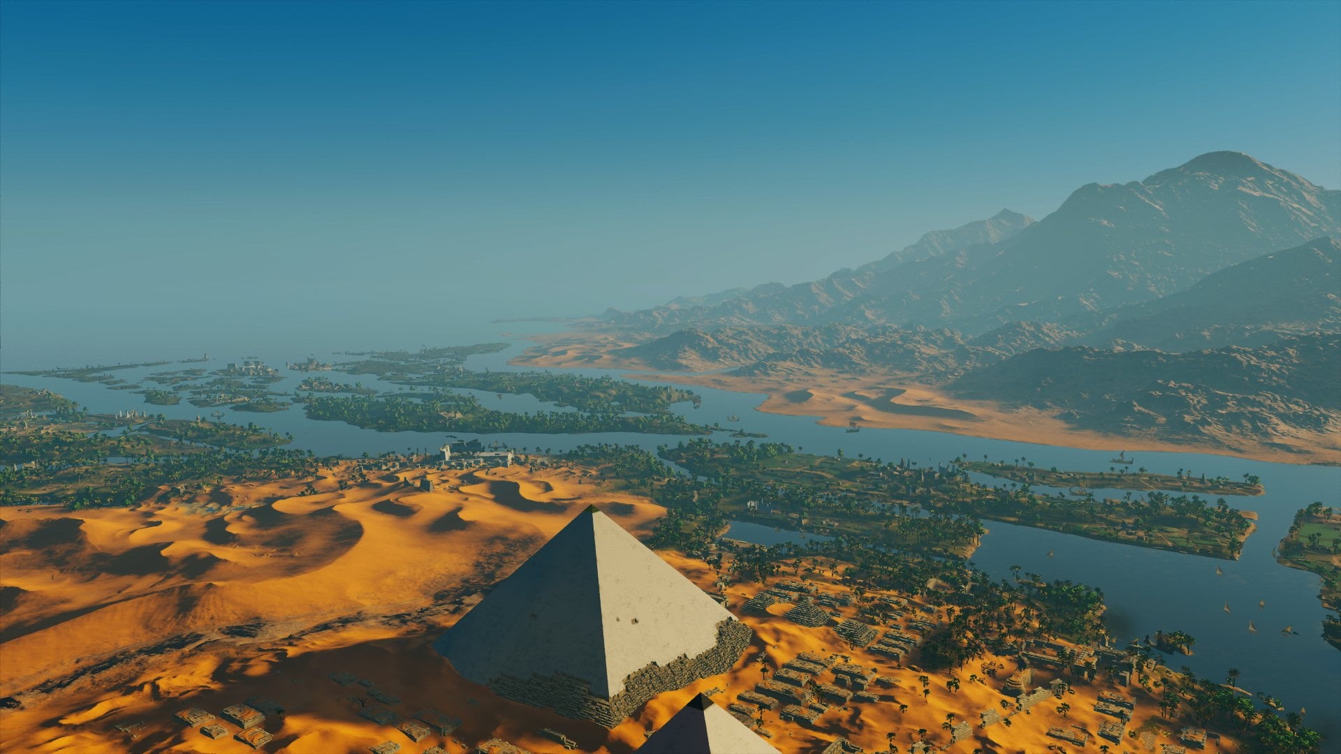 architecture, Assassins Creed, nature, outdoors, pyramid, blue, tranquility, clear sky, Assassins Creed: Origins, screen shot, Ubisoft, 1080P, day, sky, HD Wallpaper