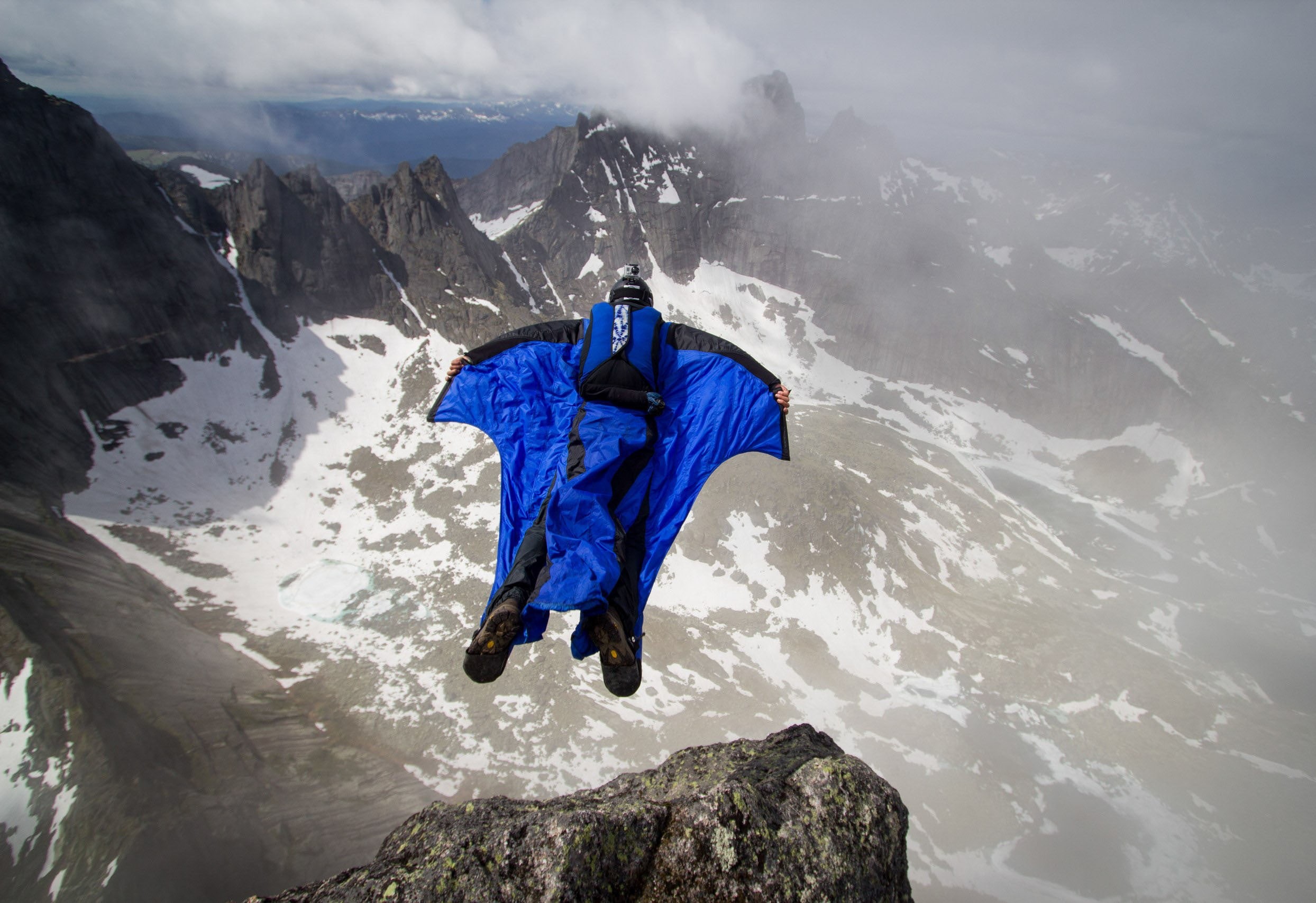 non-urban scene, tranquil scene, mountains, solid, rock - object, base jumping, pilot, snow, mountain peak, black, snowcapped mountain, parachute, clouds, HD Wallpaper