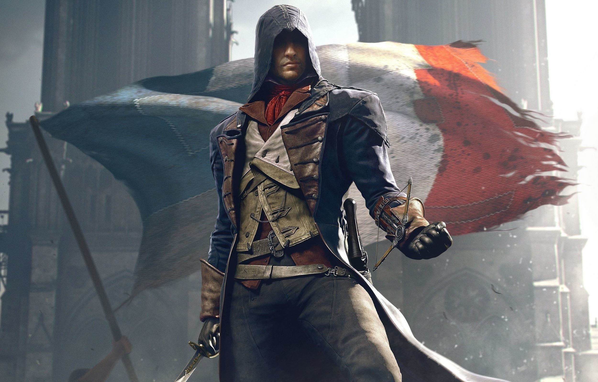 Assassins Creed: Unity, outdoors, adult, women, caucasian Ethnicity, scarf, Weapons, creed, wall - Building Feature, leisure activity, Arno, urban Scene, HD Wallpaper