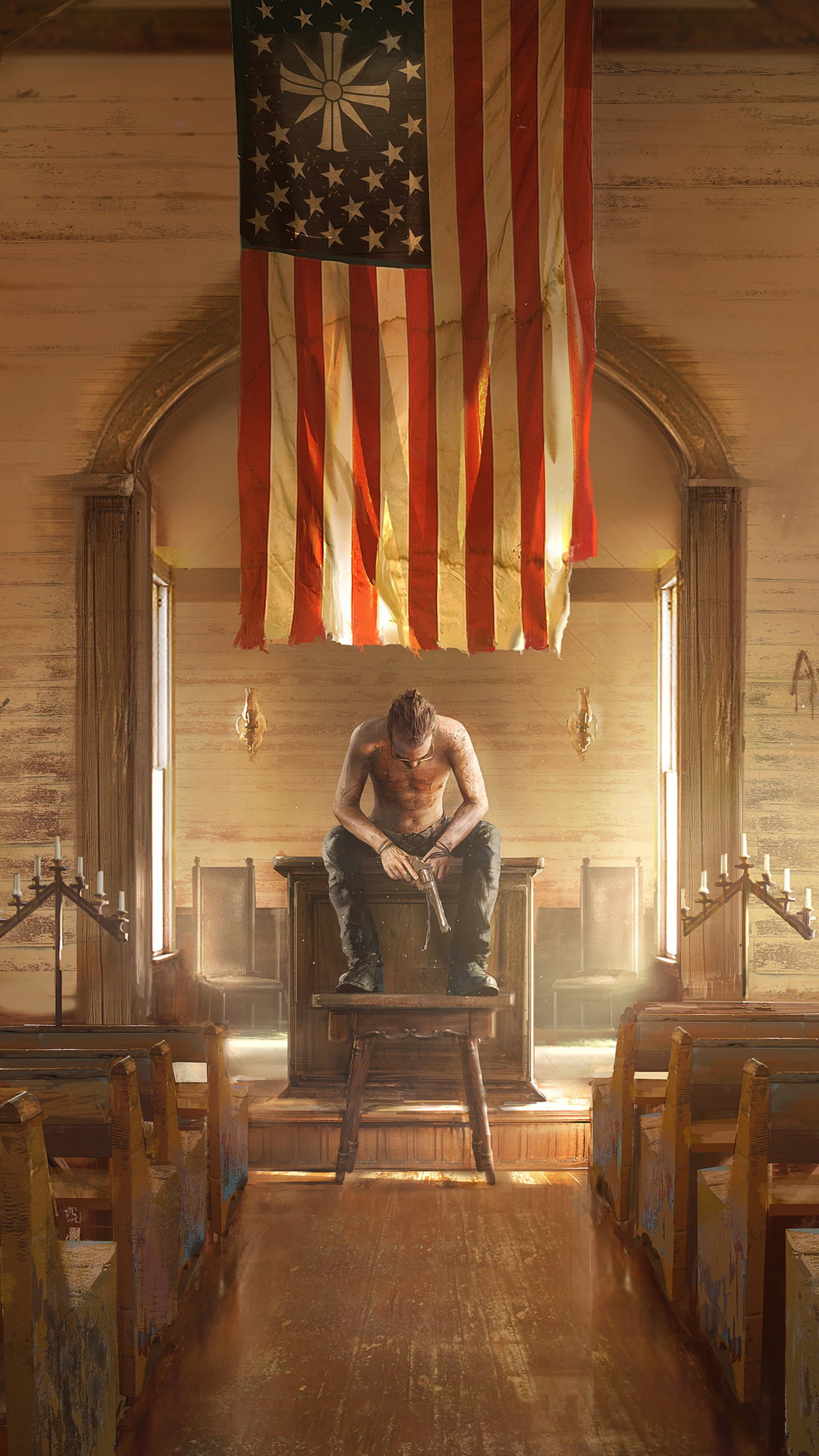 weapon, flag, 2018 (Year), Ubisoft, Joseph Seed, Far Cry 5, gun, church, video games, 2K, Phone HD Wallpaper