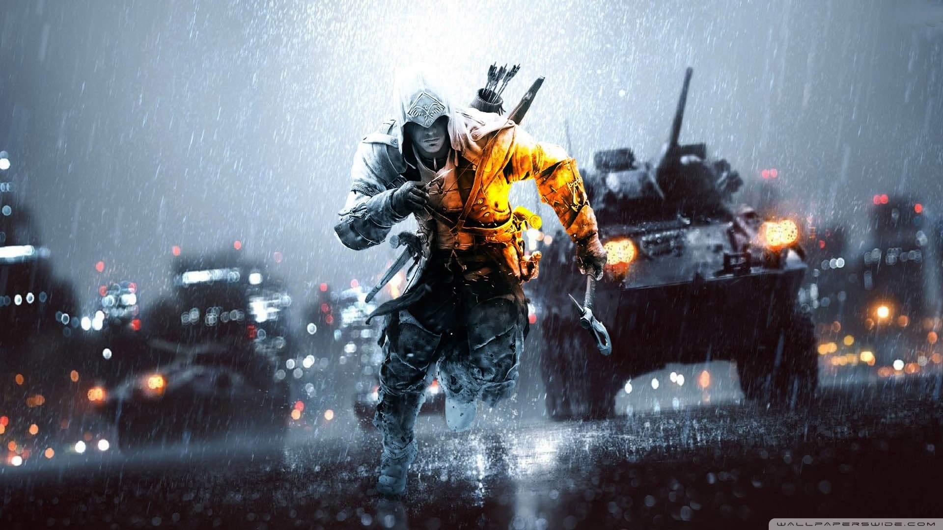 rain, aggression, sign, communication, city, fire - natural phenomenon, fire, adult, one person, illuminated, Assassins Creed, 1080P, game, HD Wallpaper