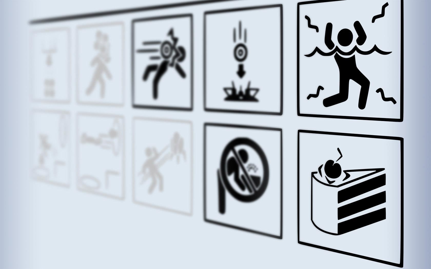 Portal, human representation, signages, close-up, indoors, 720P, vector, artwork, warning, wall, Portal (game), people, wall - building feature, white color, HD Wallpaper
